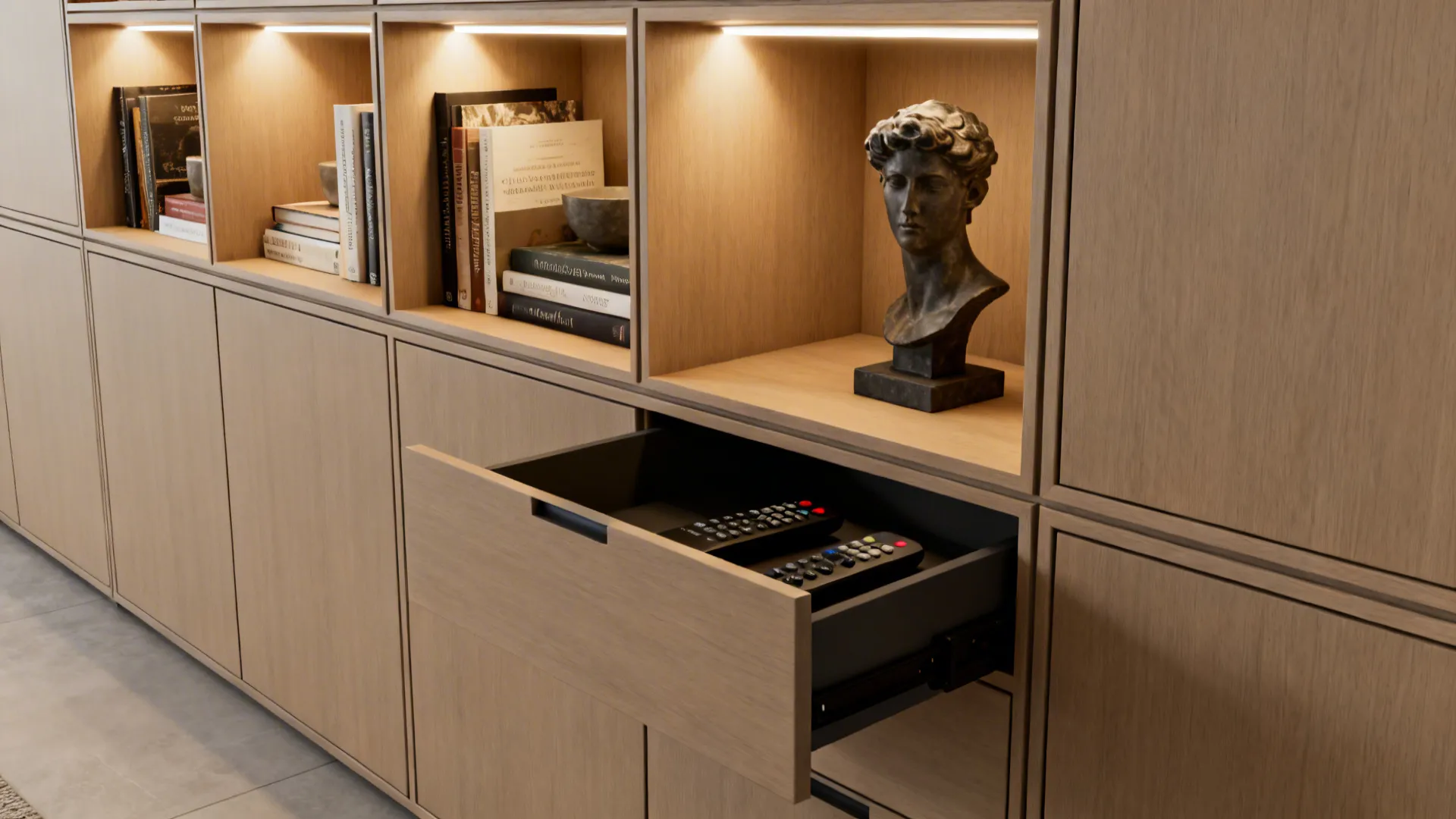 Built-in lower closed storage and upper display niches with adjustable LED lighting and decor.