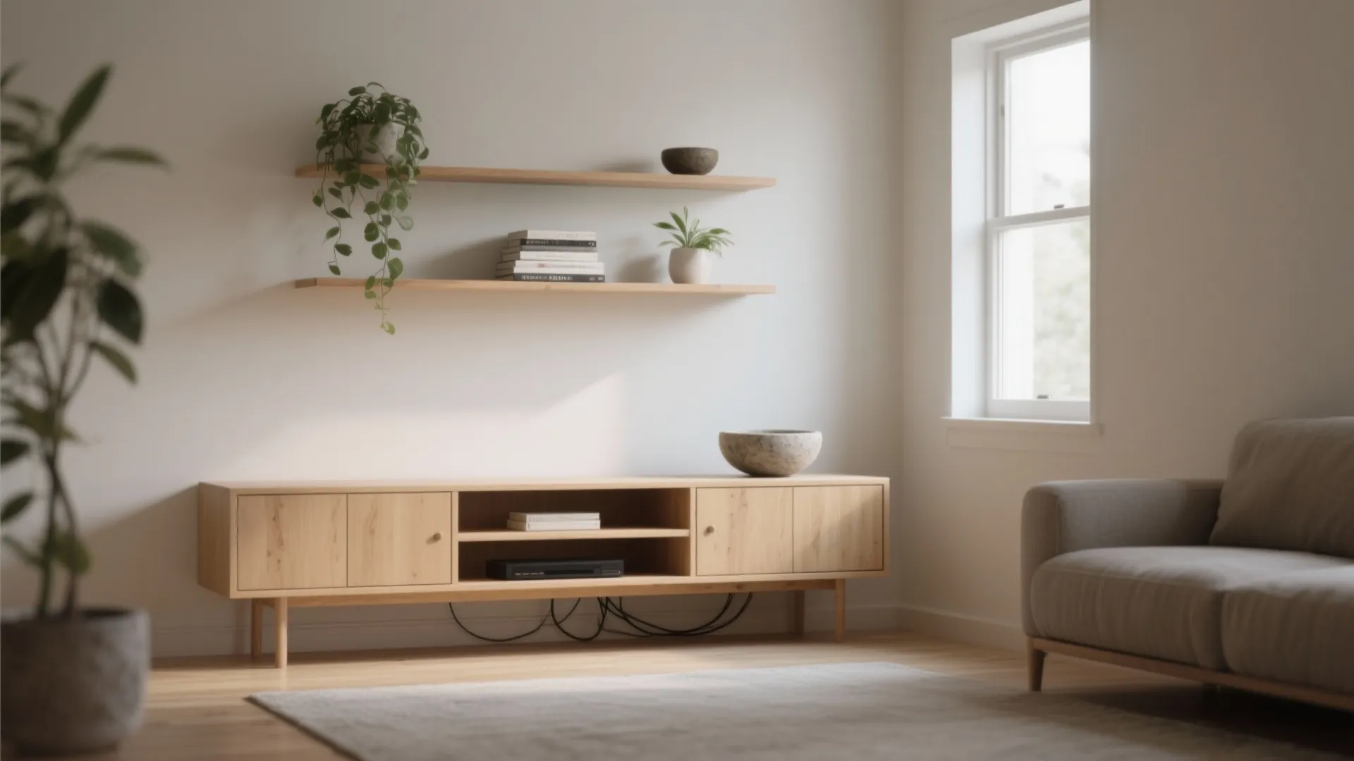 Decluttered Storage: Closed Low Units + Floating Shelves