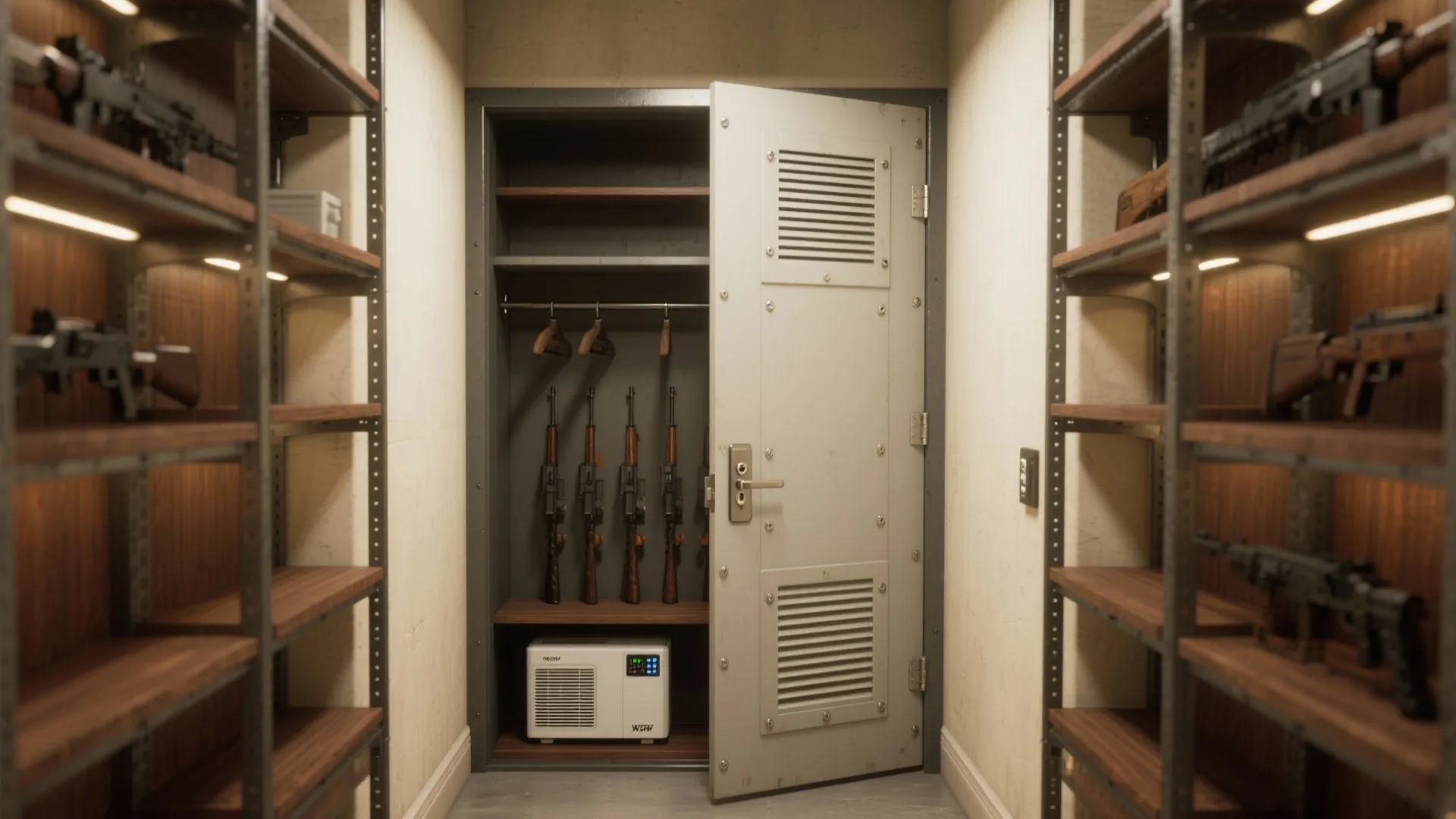 Small secure room with metal shelves for rifles and a large open metal safe door