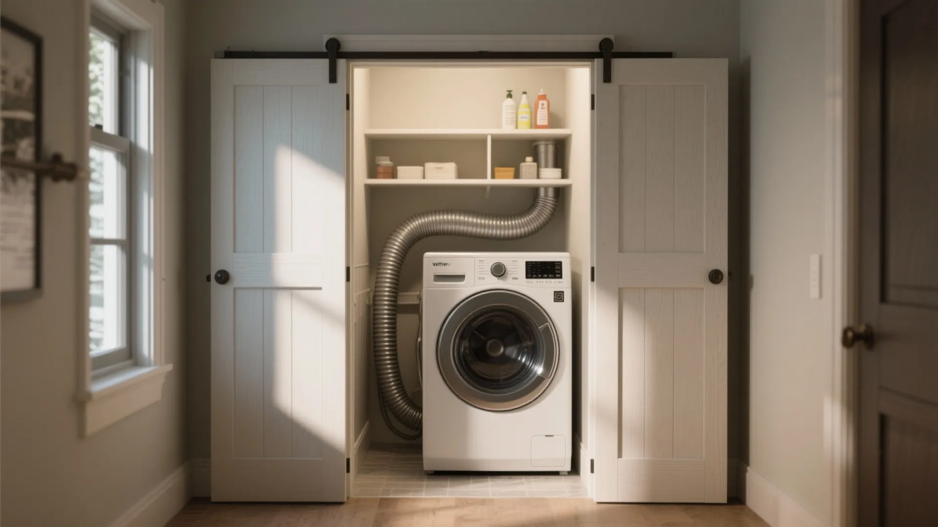 Washing machine tucked inside small closet with white sliding doors and shelves holding various cleaning supplies
