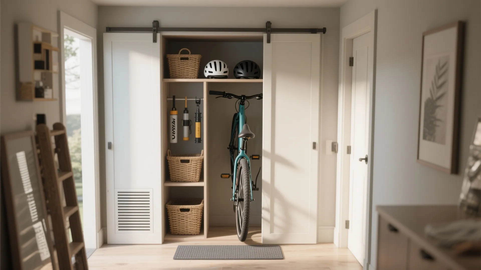 White sliding door cabinet storing a bicycle with helmets and woven baskets on wooden storage shelves