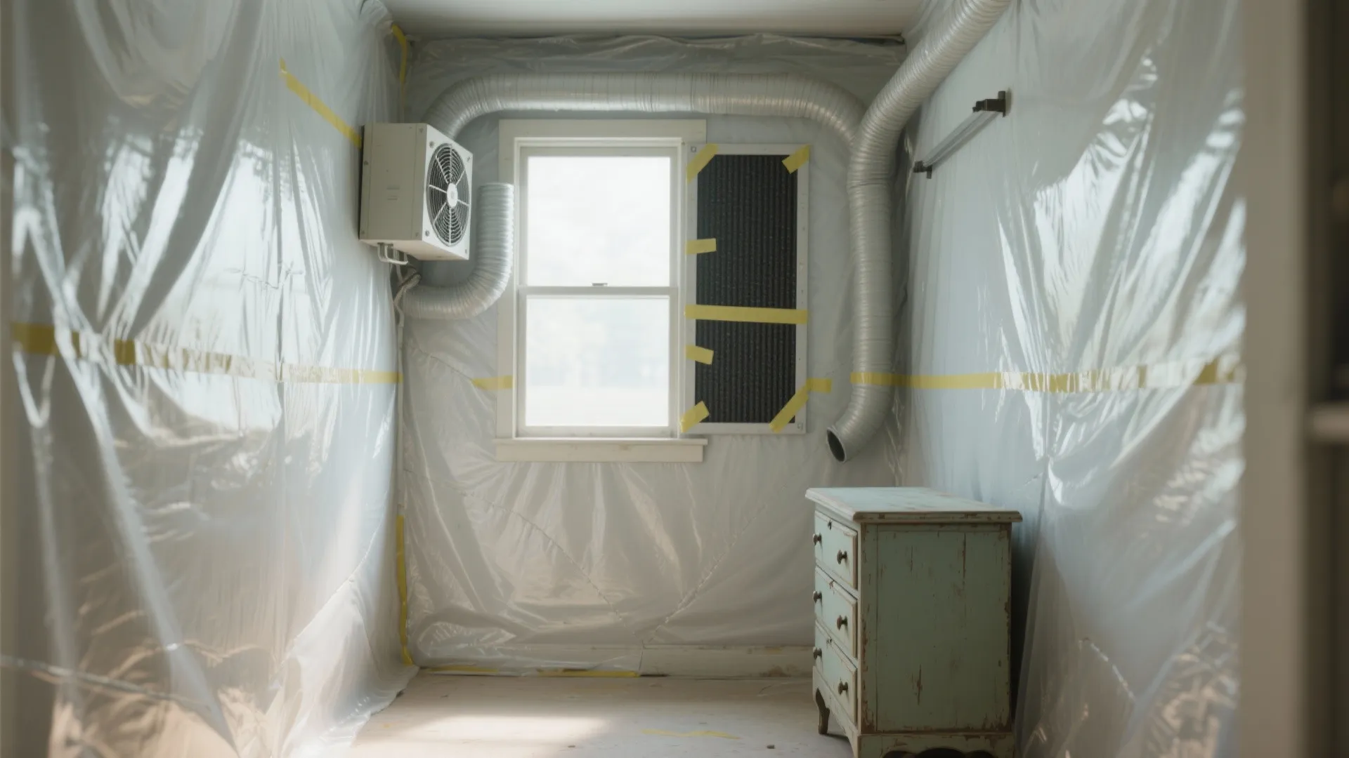 Small room with walls covered in plastic sheets featuring ventilation pipes and vintage wooden cabinet