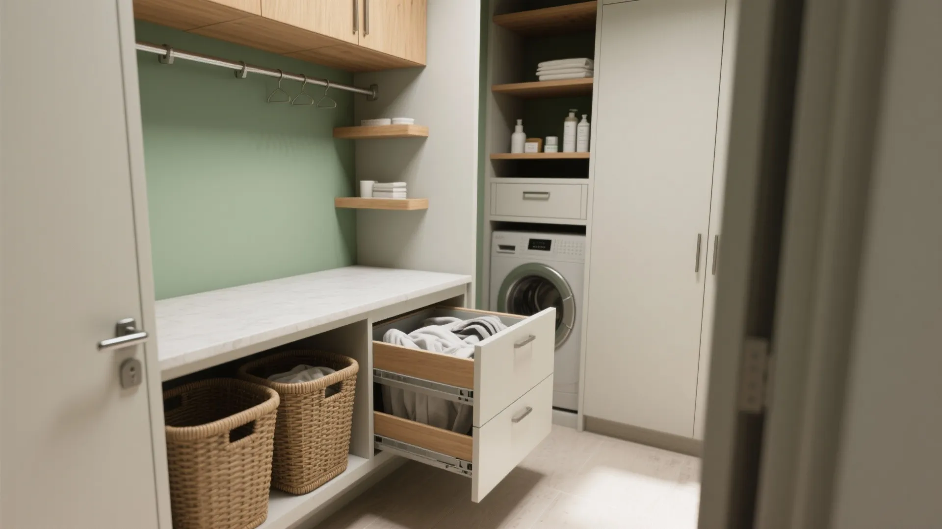 3. Closet Conversion: Pull-out hampers and multi-use shelving