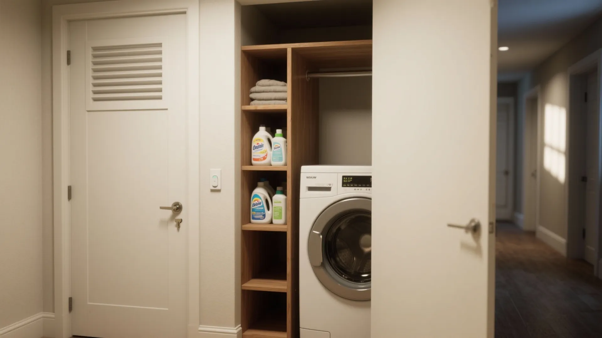 Compact laundry area inside a white closet with wooden shelves holding towels and cleaning liquid bottles