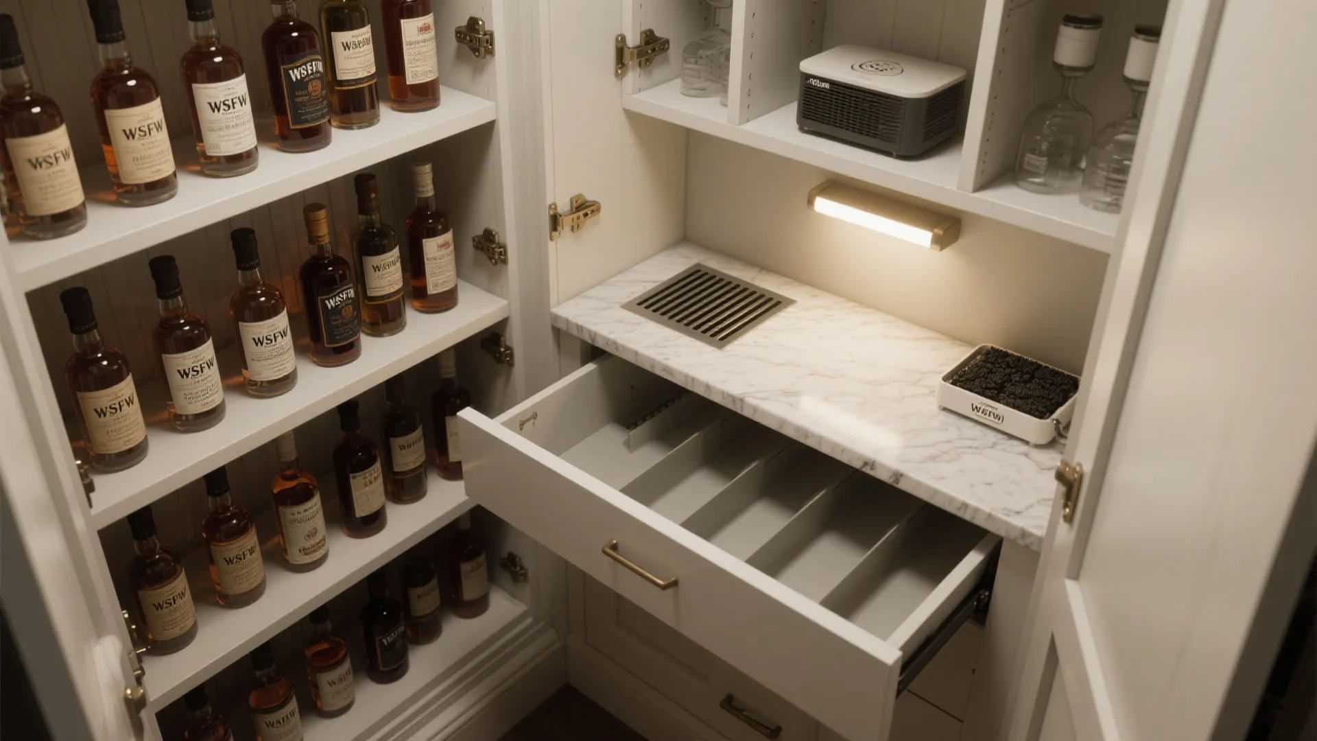 Open white cabinet with shelves of wine bottles a marble counter and one open drawer