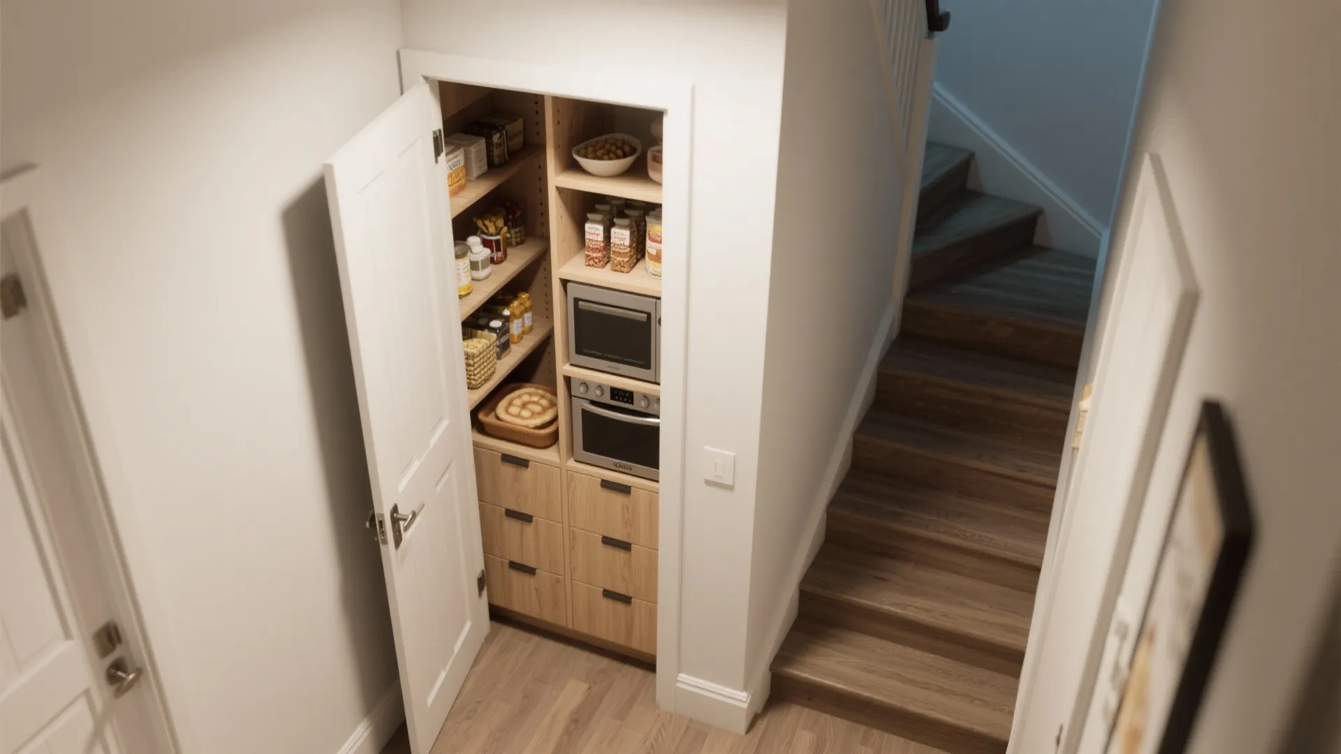 Top-down view of a hallway closet converted into a pantry, showing measured shelving zones and door swing.