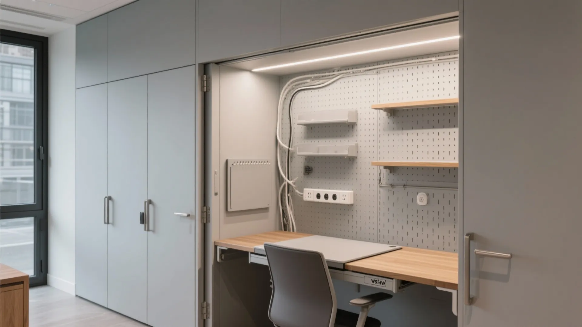 Modern grey cabinet with built in desk area featuring pegboard wall shelves and office chair
