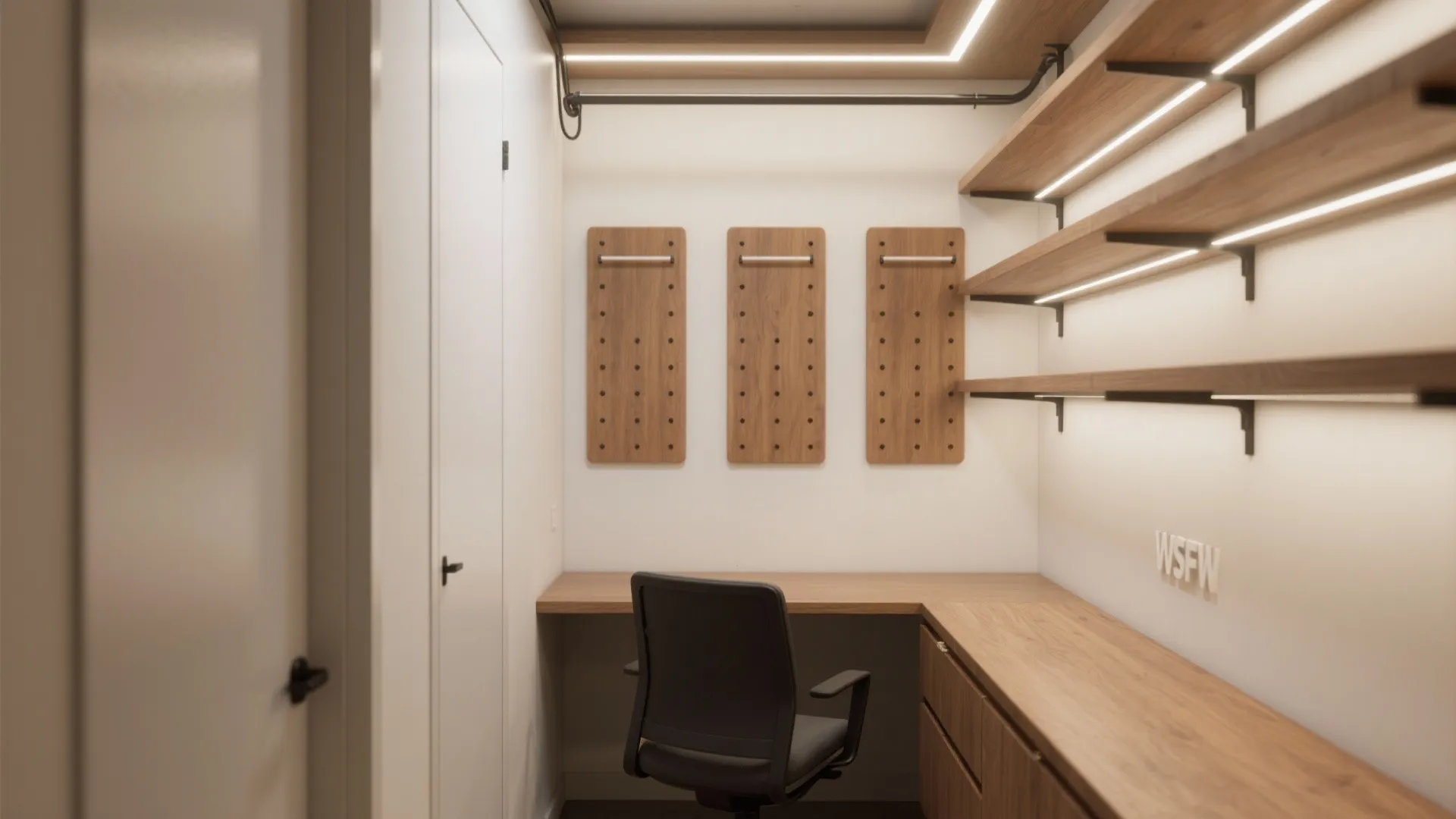 Home office with wooden desk black chair wall panels and open shelves with light fixtures