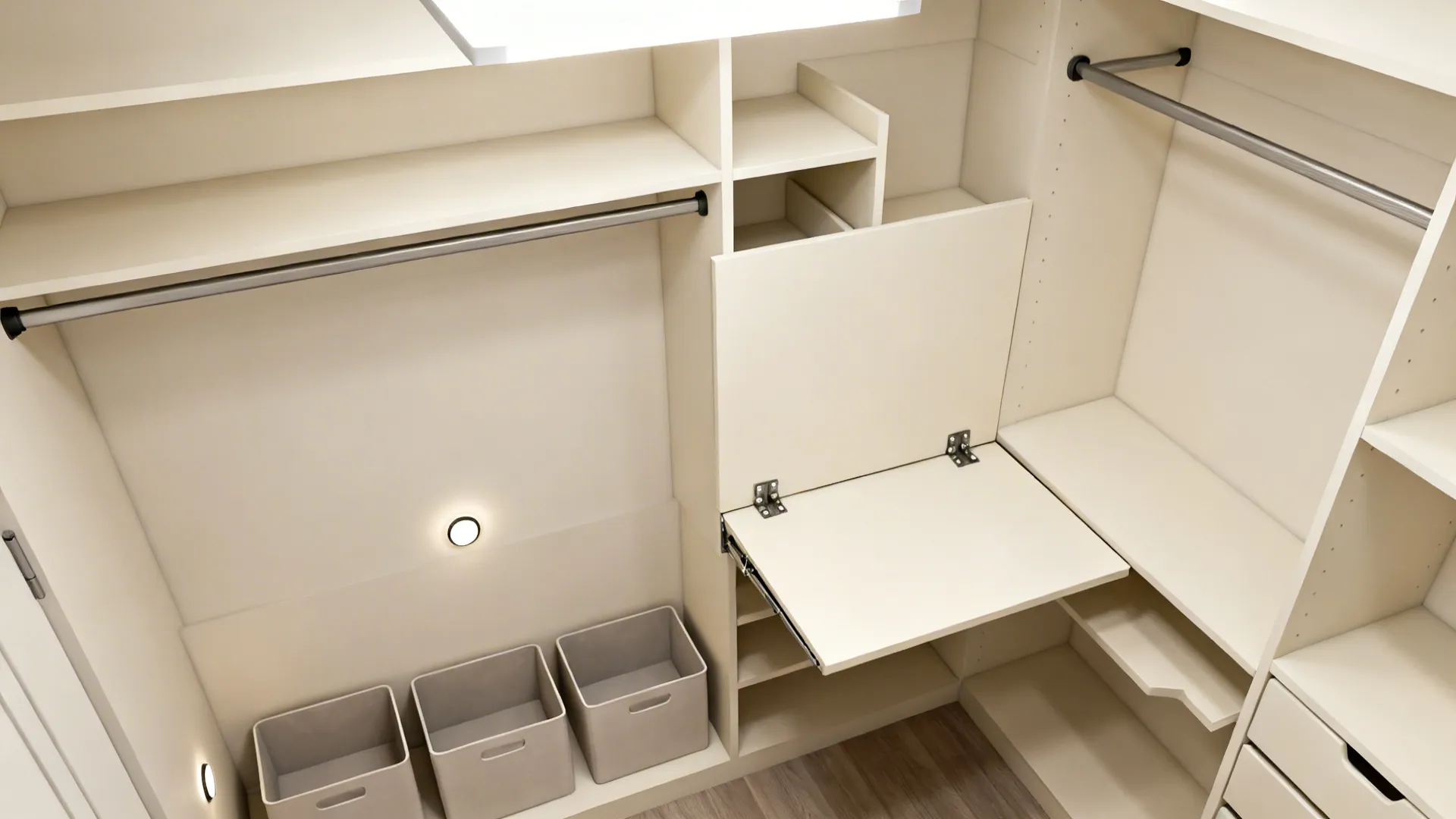 Top-down plan view of a closet conversion with dual rods, shelves, and a fold-down desk panel.