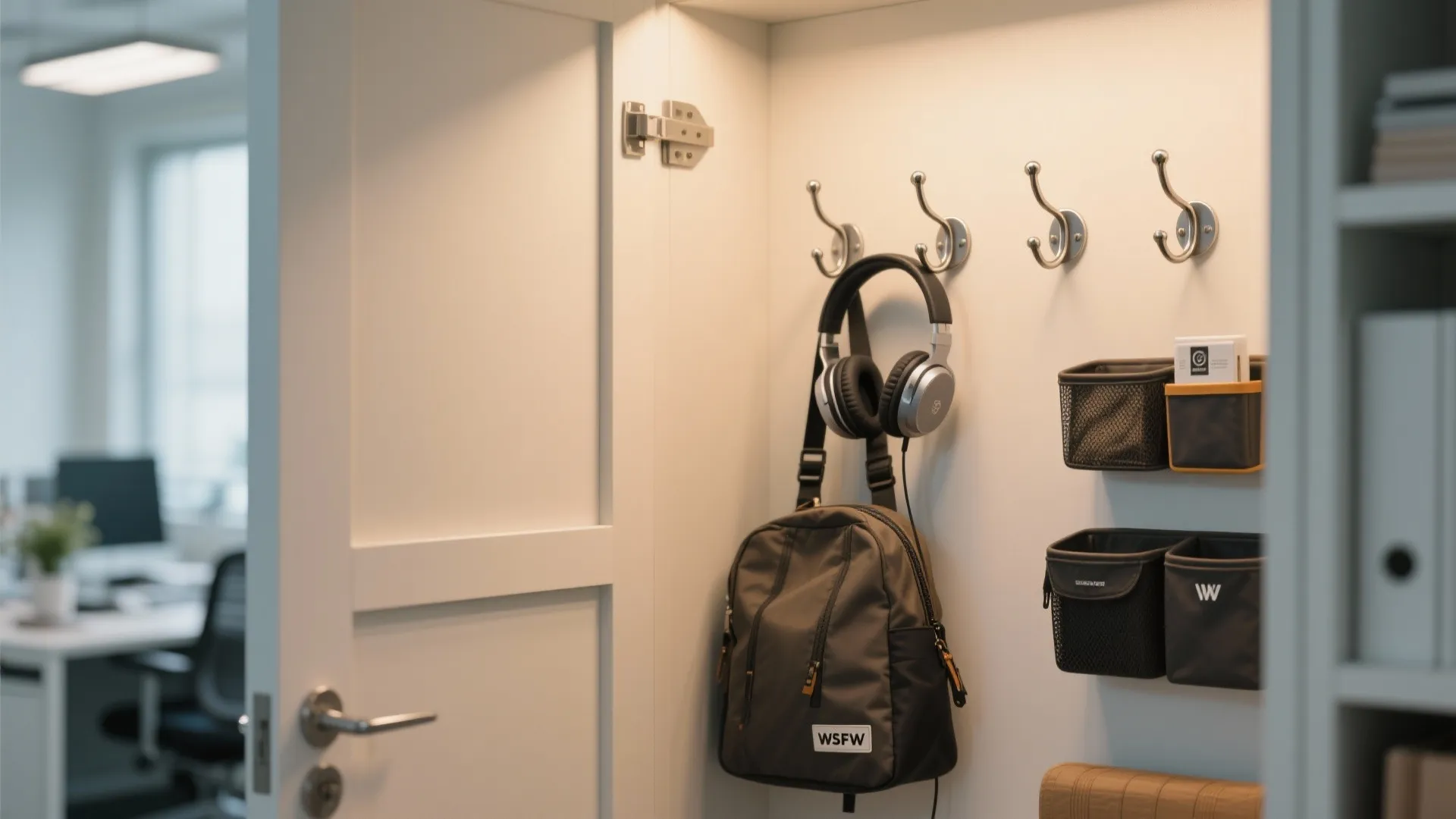 Metal wall hooks inside a white cabinet holding a backpack and headphones in an office