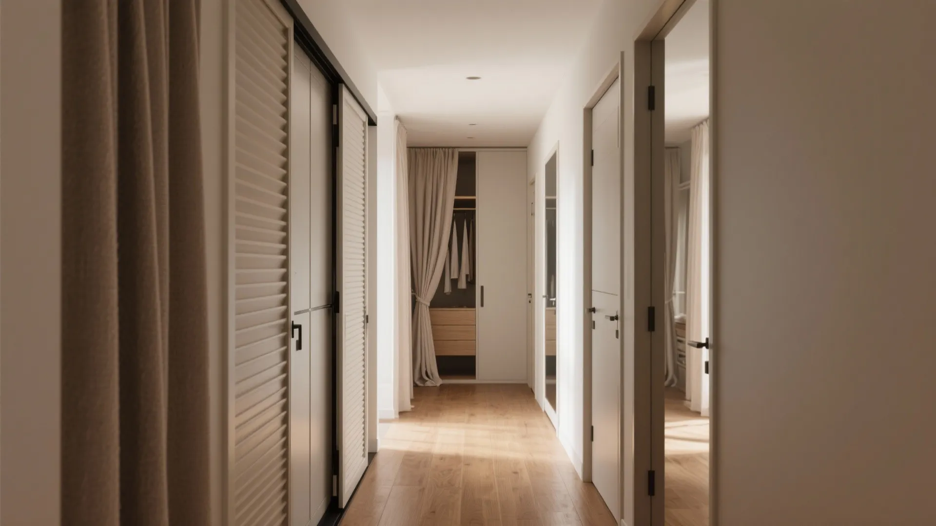 Modern hallway with white closet doors leading to an open wardrobe with a light brown curtain