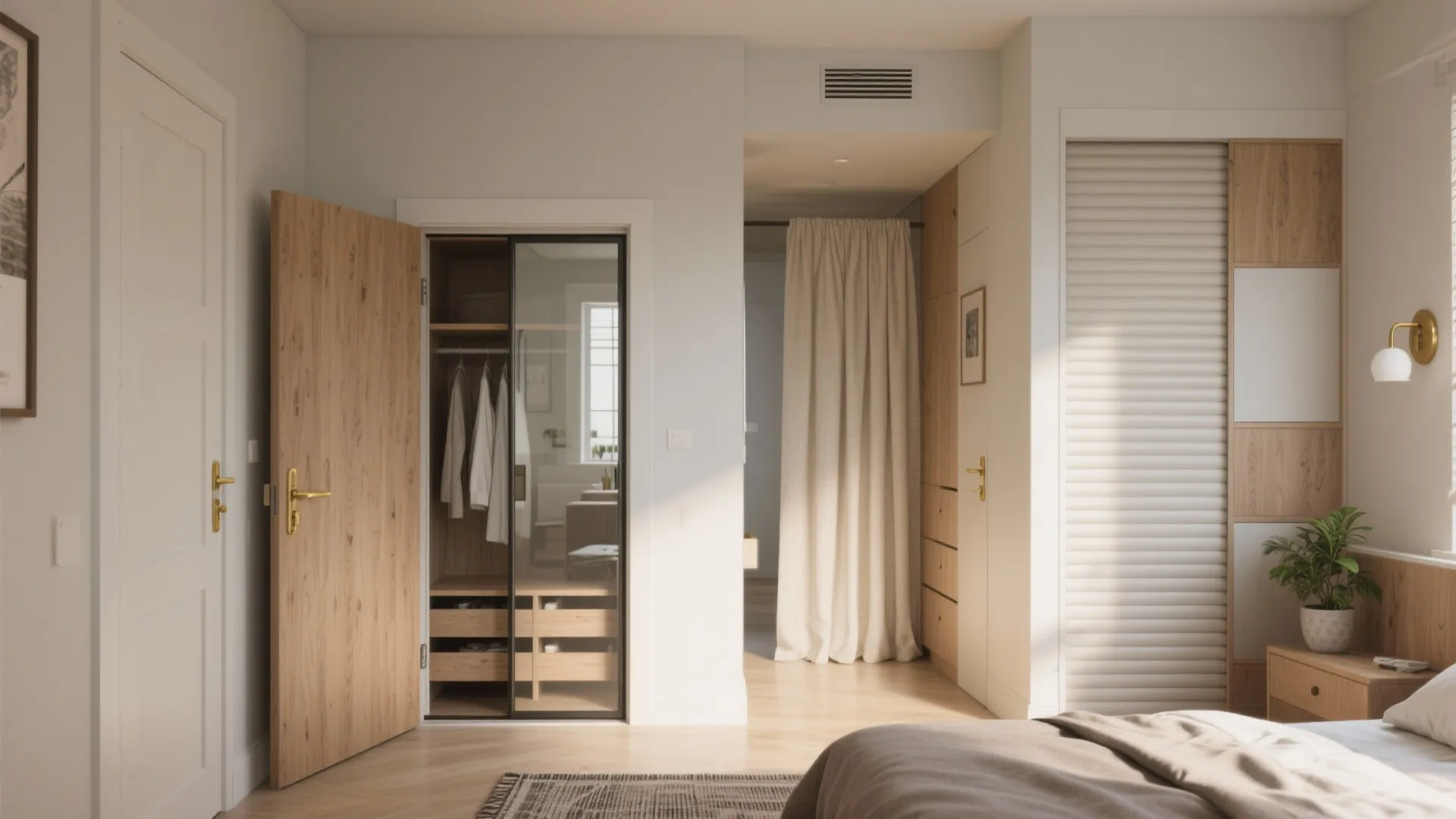 Open wooden door showing a glass closet next to a white curtain in bright bedroom