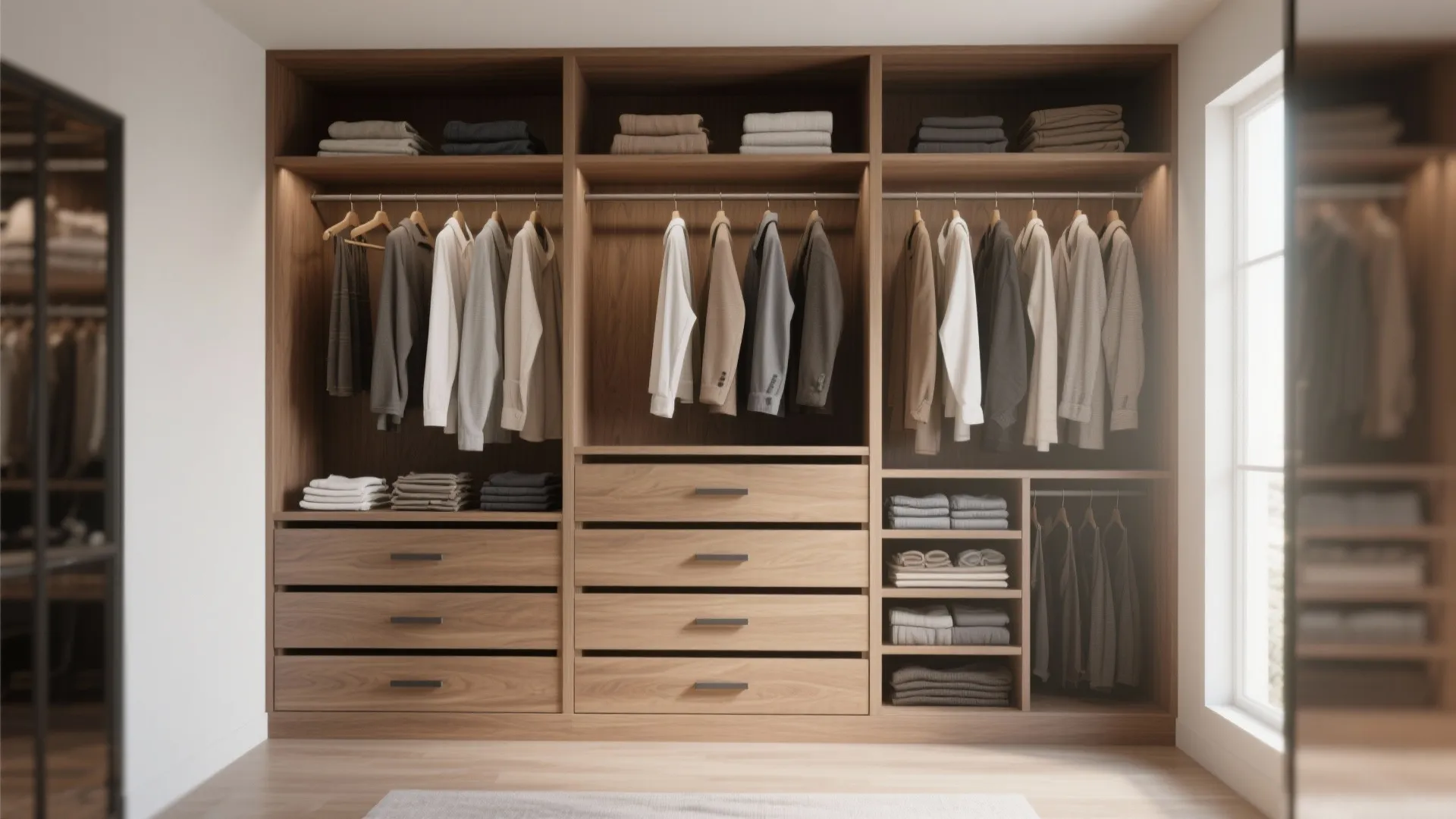 Large wooden walk-in closet with many drawer banks and hanging clothes for organized home storage