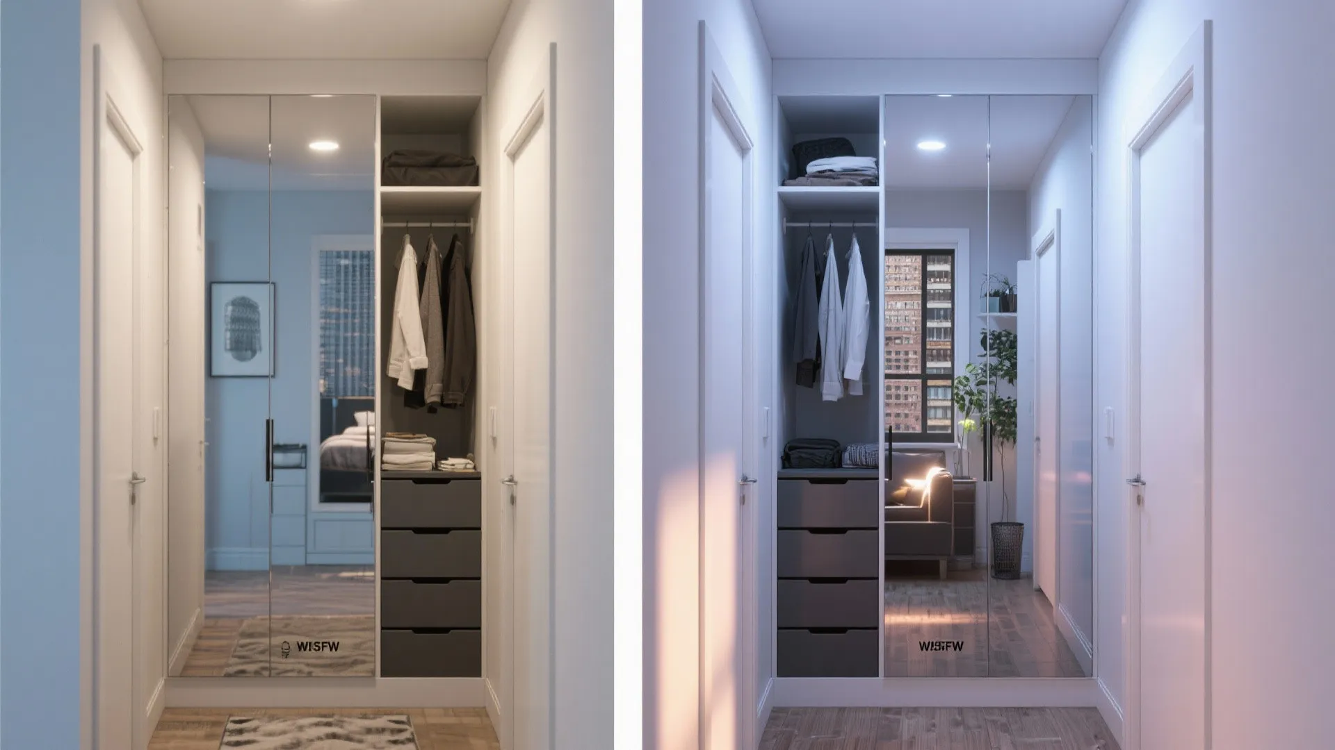 Closet transformed into sleek mirrored built-in dresser