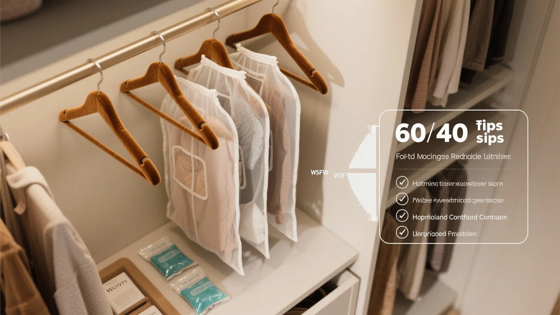 Closet organization infographic showing clothes in white storage bags on hangers with storage tips text
