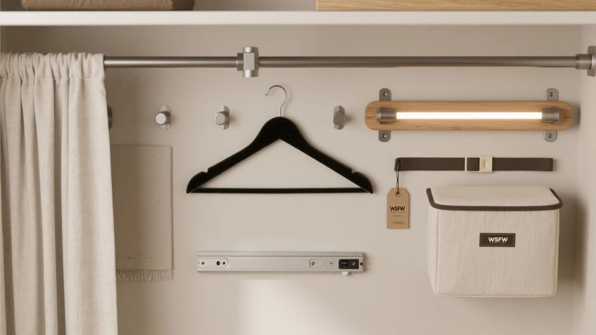 Closet organization accessories featuring a black hanger wall light storage box and silver metal rail