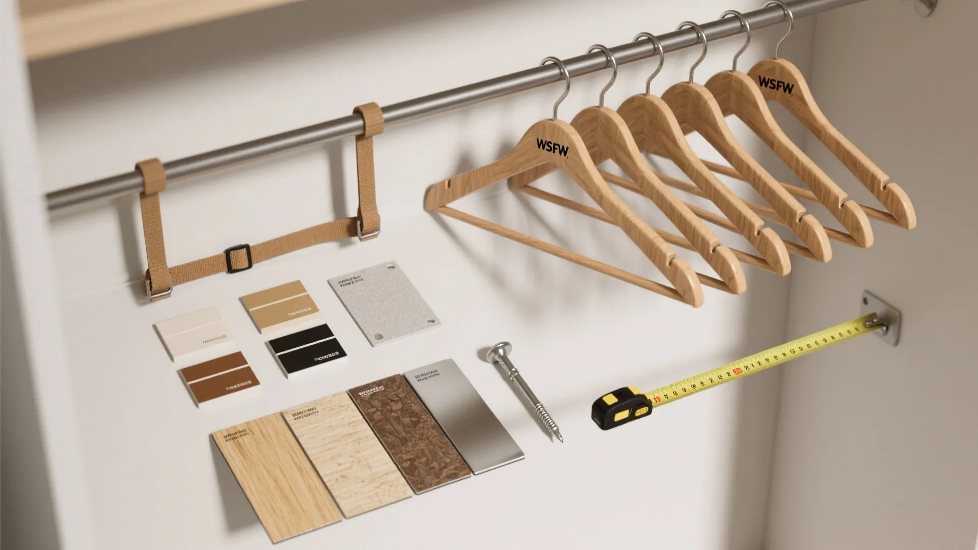 Wardrobe interior showing wooden hangers along with color samples and a yellow measuring tape tool