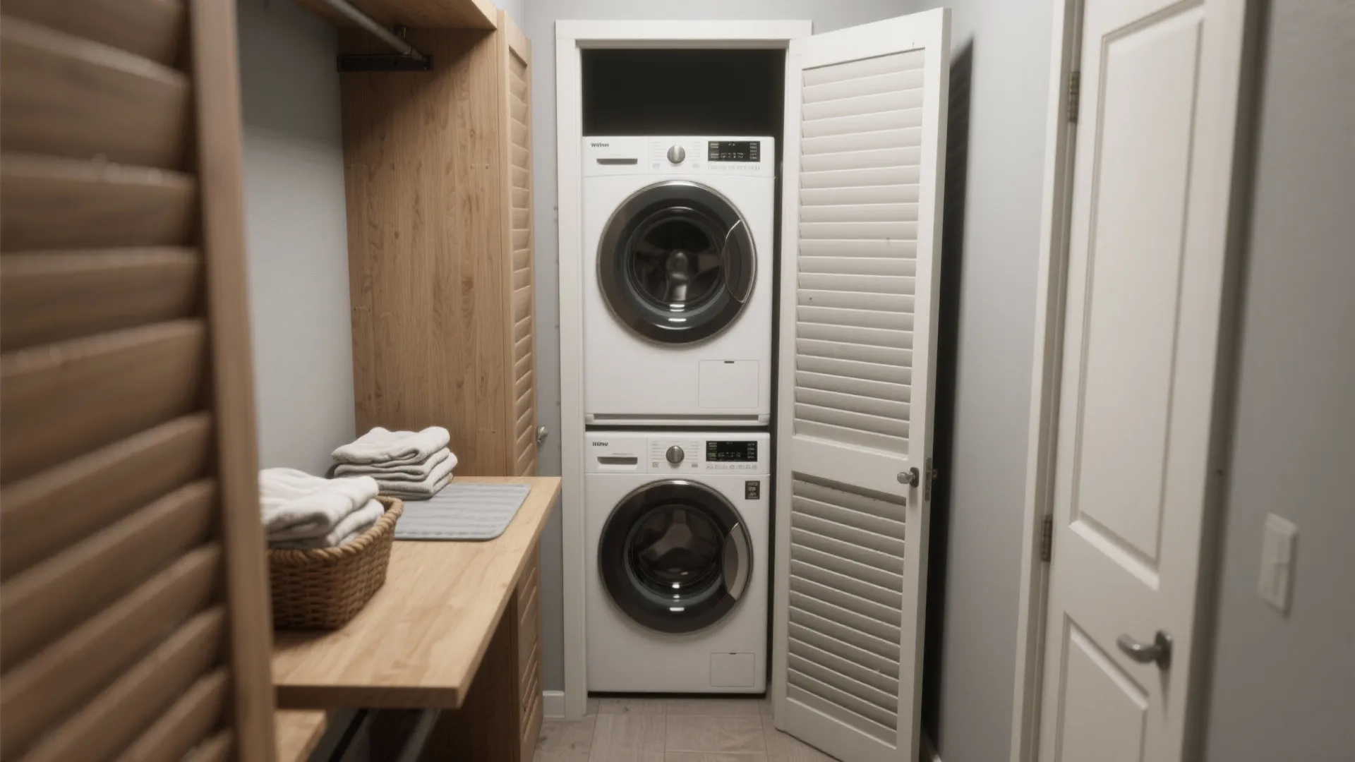 Compact laundry closet with stacked washer dryer unit folding counter wooden cabinets and white doors
