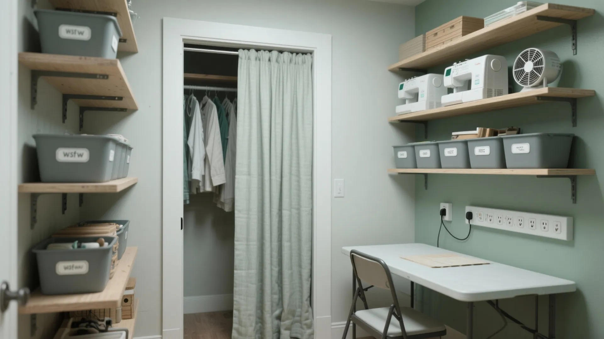 Small craft room with a white desk green walls wall shelves and a curtain closet