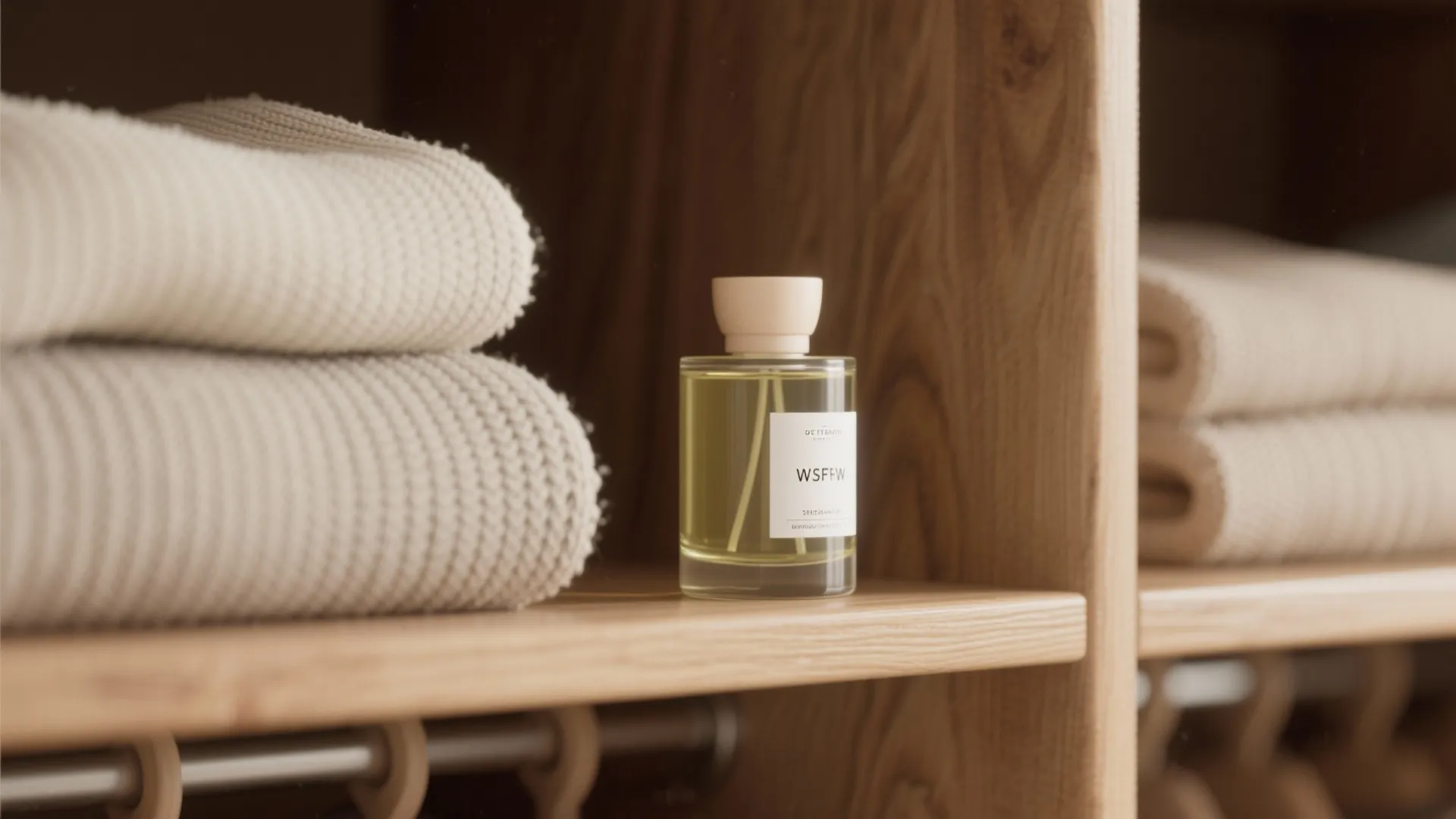 Fragrance bottle on a wooden closet shelf next to folded white sweaters in a bright room