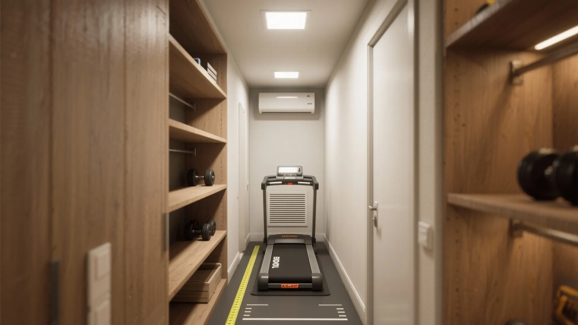 Small home gym in a narrow closet with a treadmill and wooden shelves for dumbbells