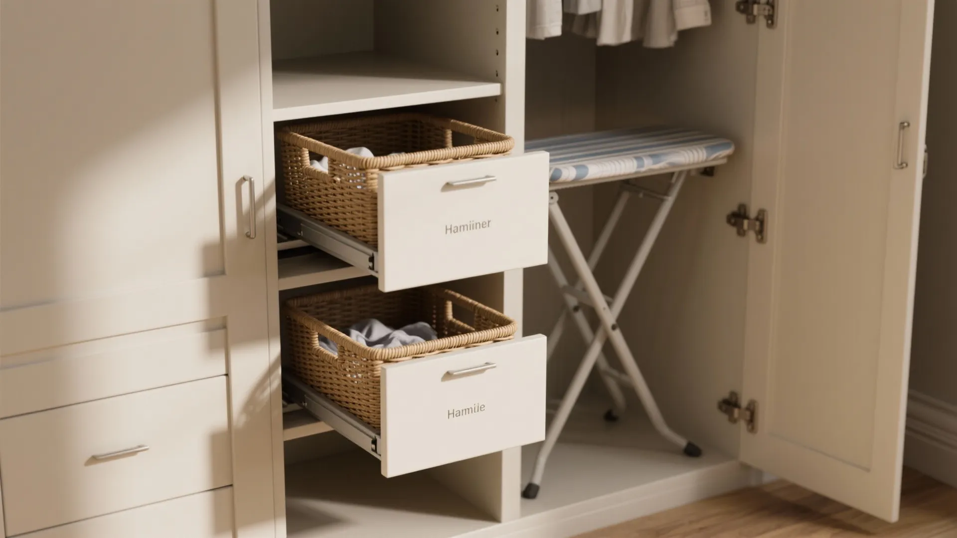 White closet interior with pull out wicker baskets and a small folding ironing board stored inside