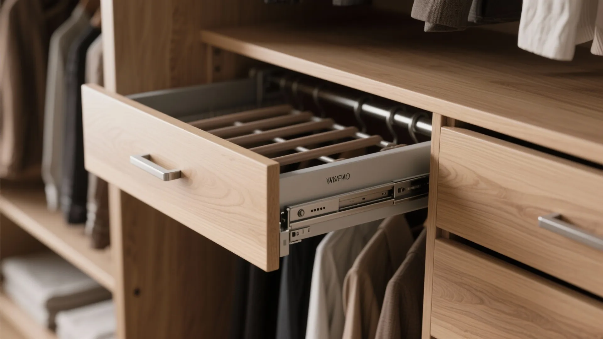 Wooden closet with an open pull out drawer for hanging pants and clothes on hangers