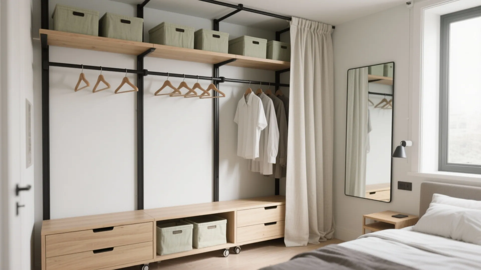 Modern open wardrobe with wooden shelves and storage boxes next to a bed and mirror