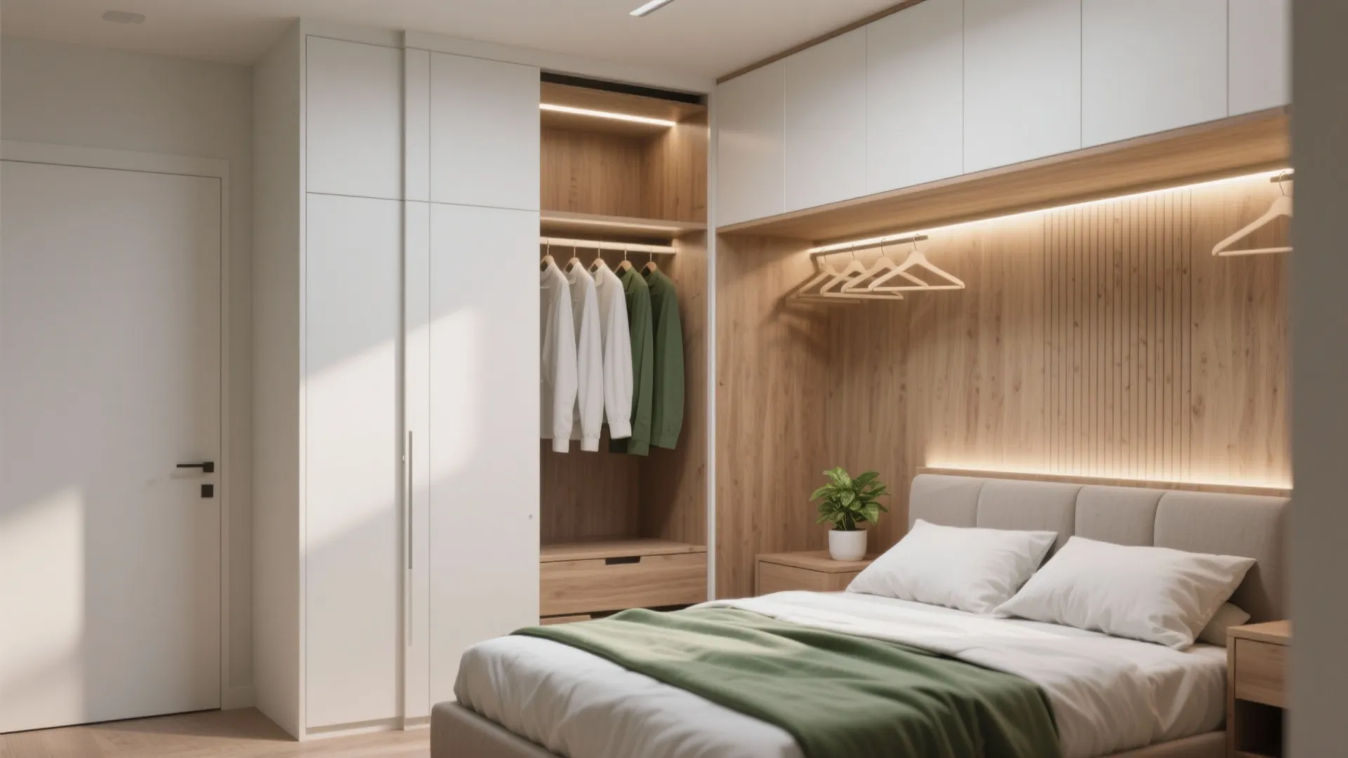 Modern bedroom featuring a built-in white cabinet with open shelves and a comfortable double bed
