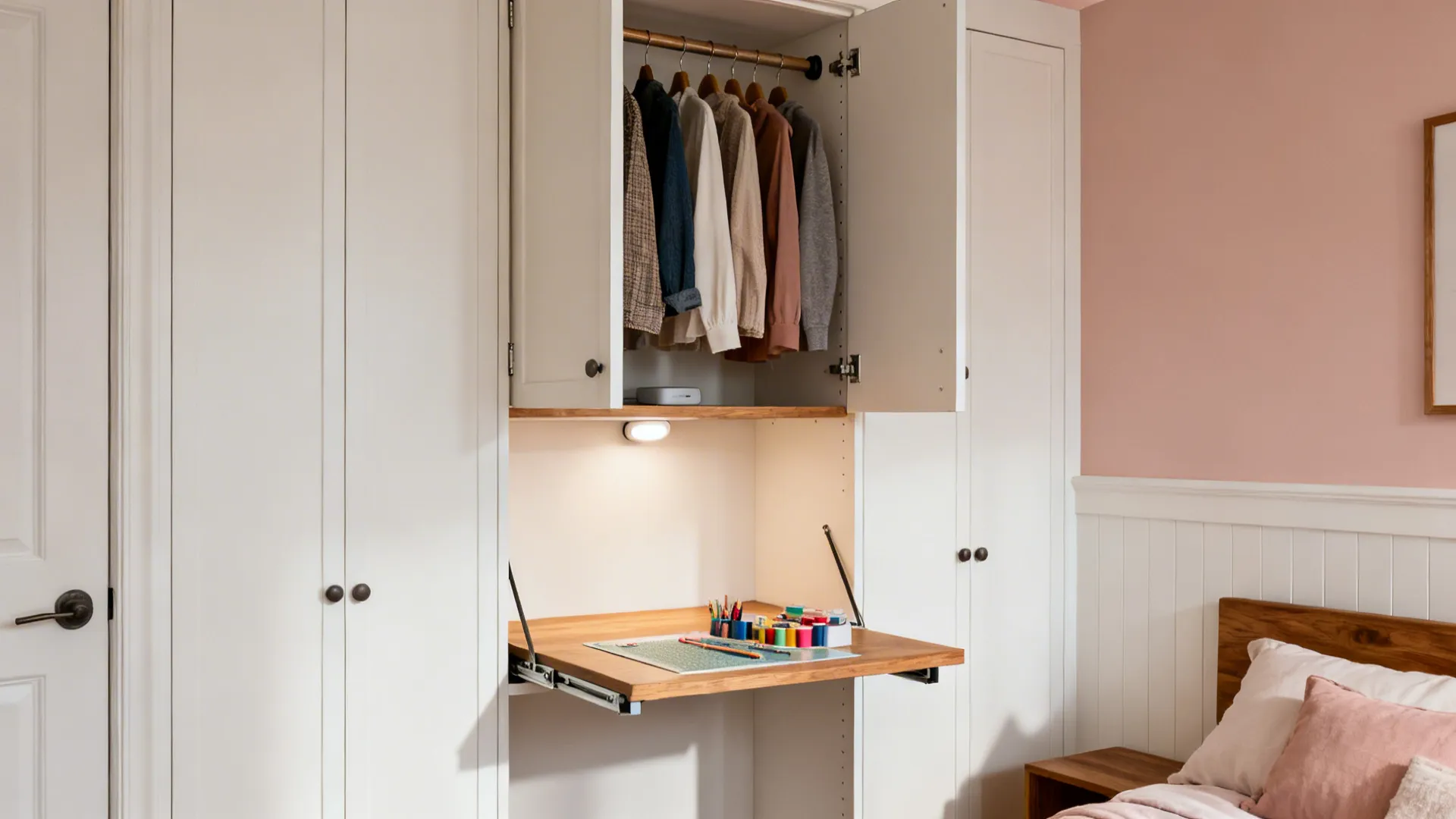 Closet turned micro-wardrobe with adjustable rods and a fold-down desk lit by a puck light.