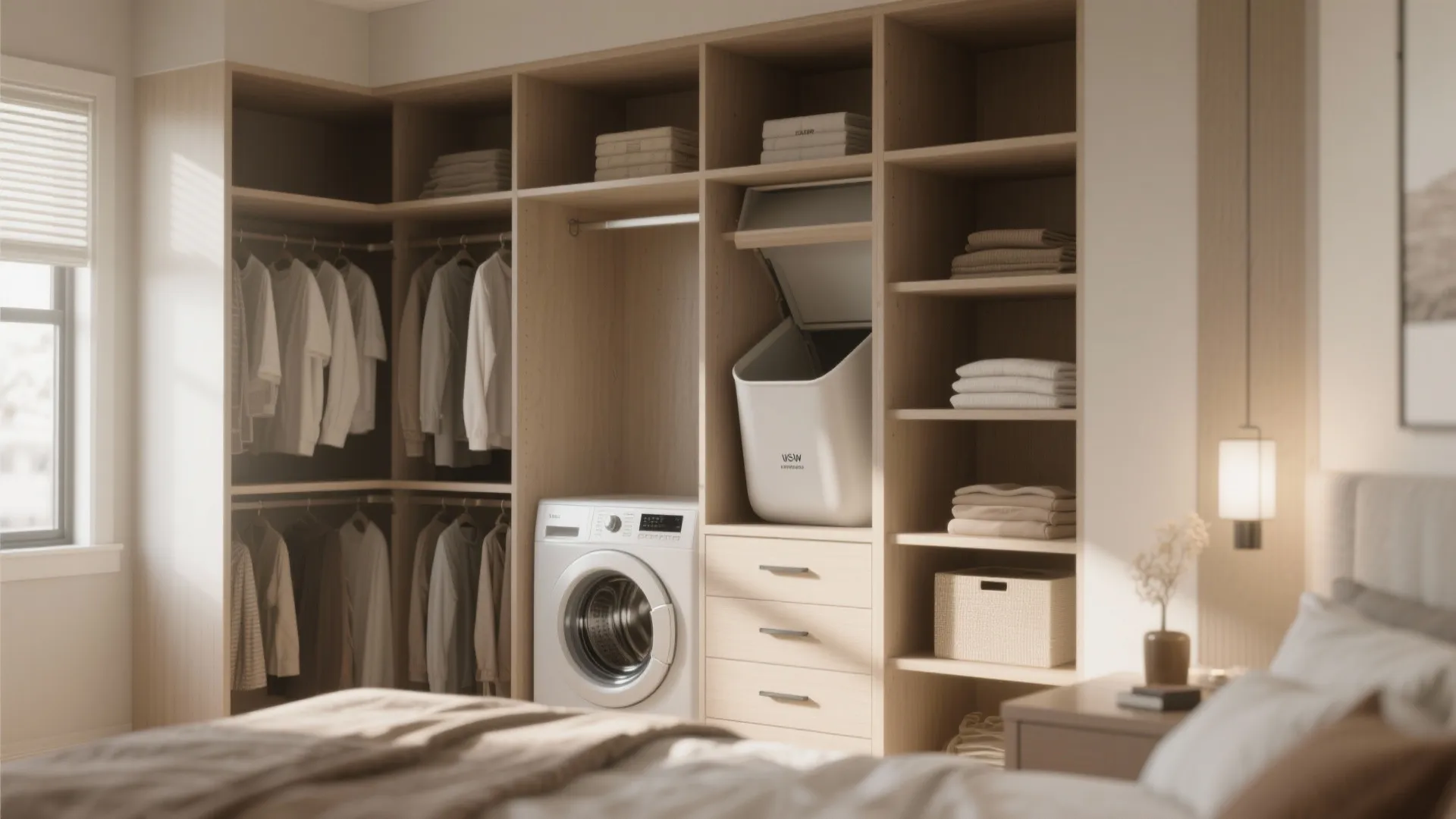 Hidden laundry chute behind a closet shelf with soft-close hardware