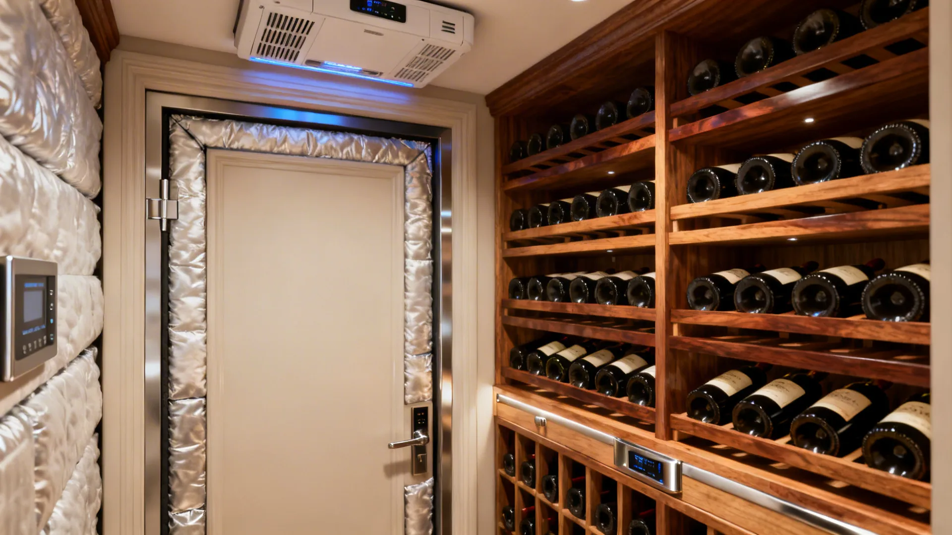 Converted closet with insulated door and compact cooling system holding a 40-bottle wine display.