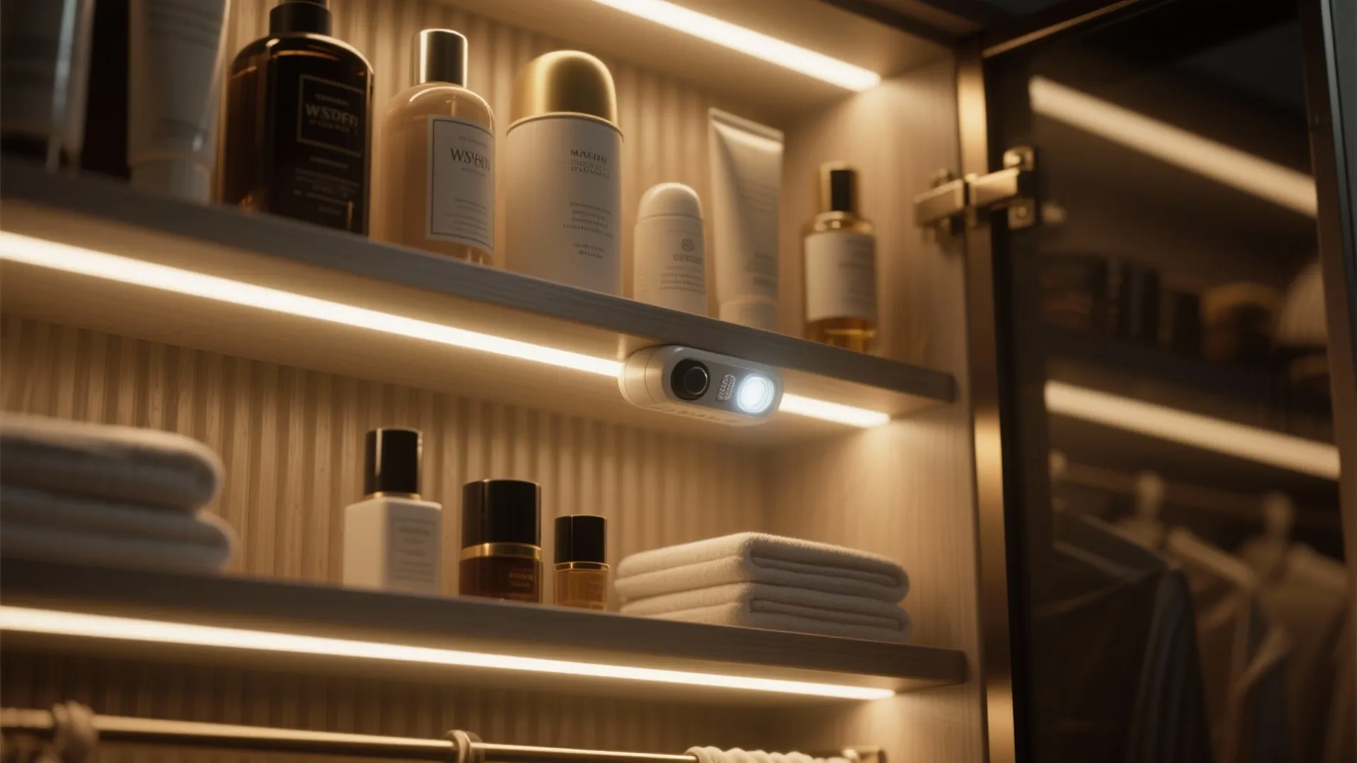 Close up of bathroom cabinet shelves with built in light strips holding towels and various bottles
