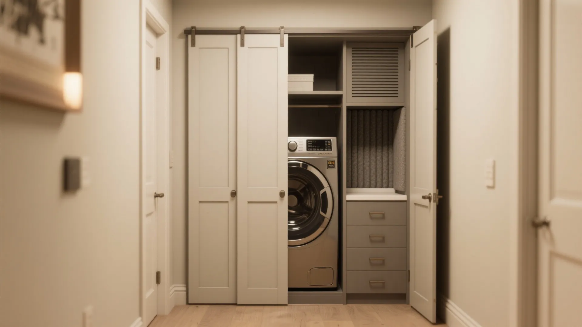 Hidden laundry room with washing machine inside white closet doors beside grey drawers and wood flooring