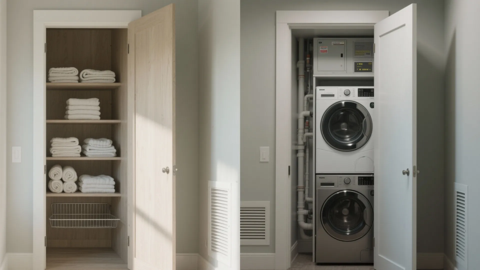 Before-and-after conversion of a linen closet into a compact stacked laundry closet with accessible service panel.
