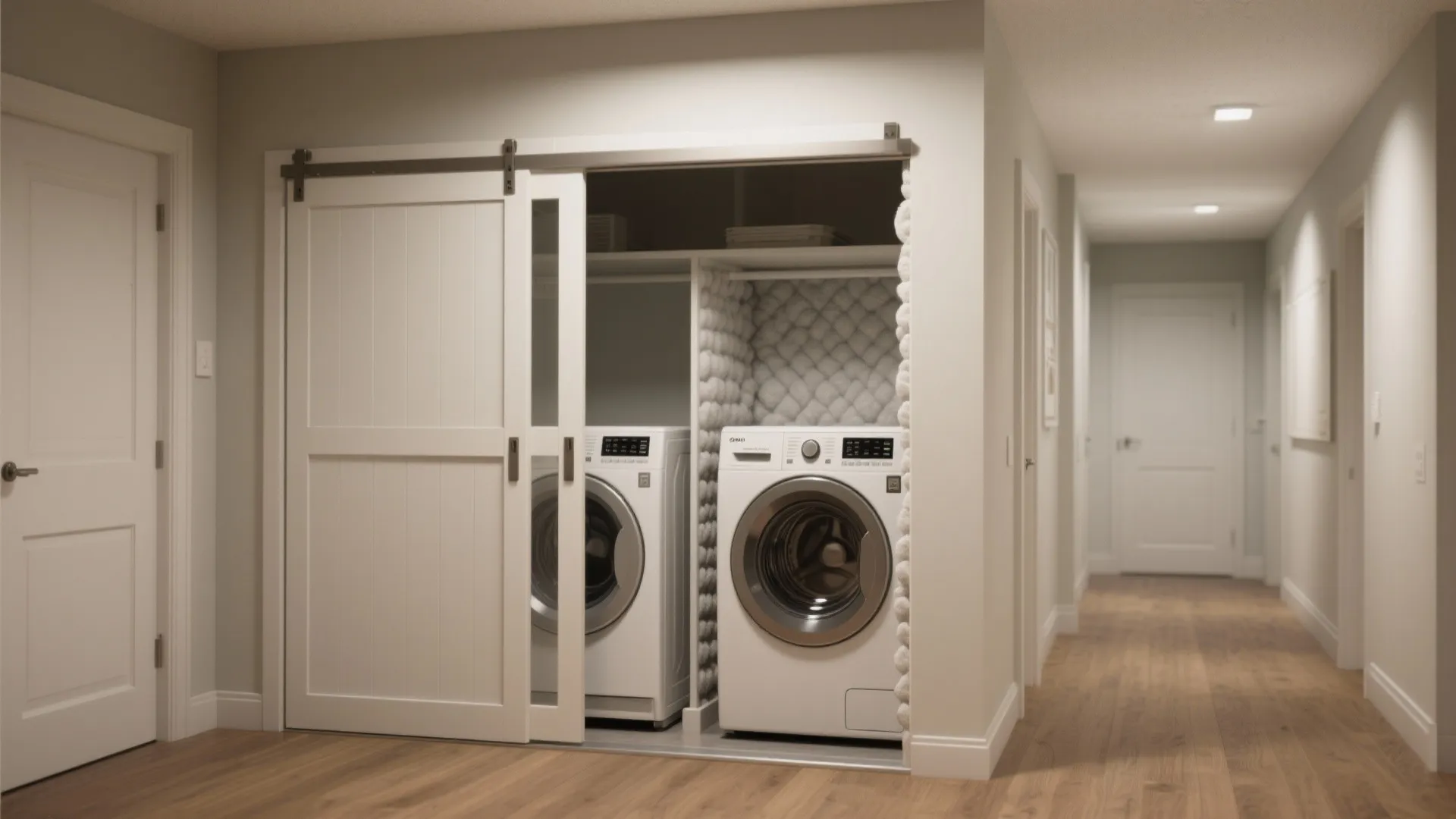 Hallway closet converted into a laundry nook with sliding doors open to show a compact washer and dryer.