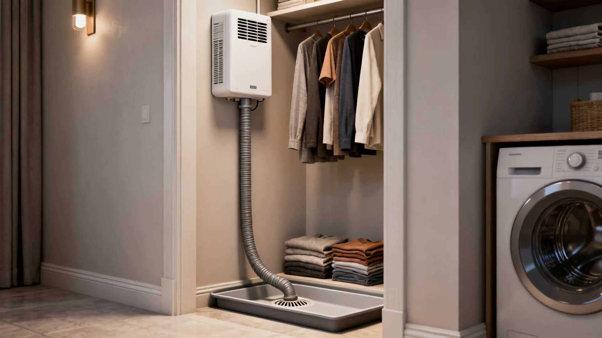 Dehumidifier installed in a closet draining into a nearby laundry tray or floor drain