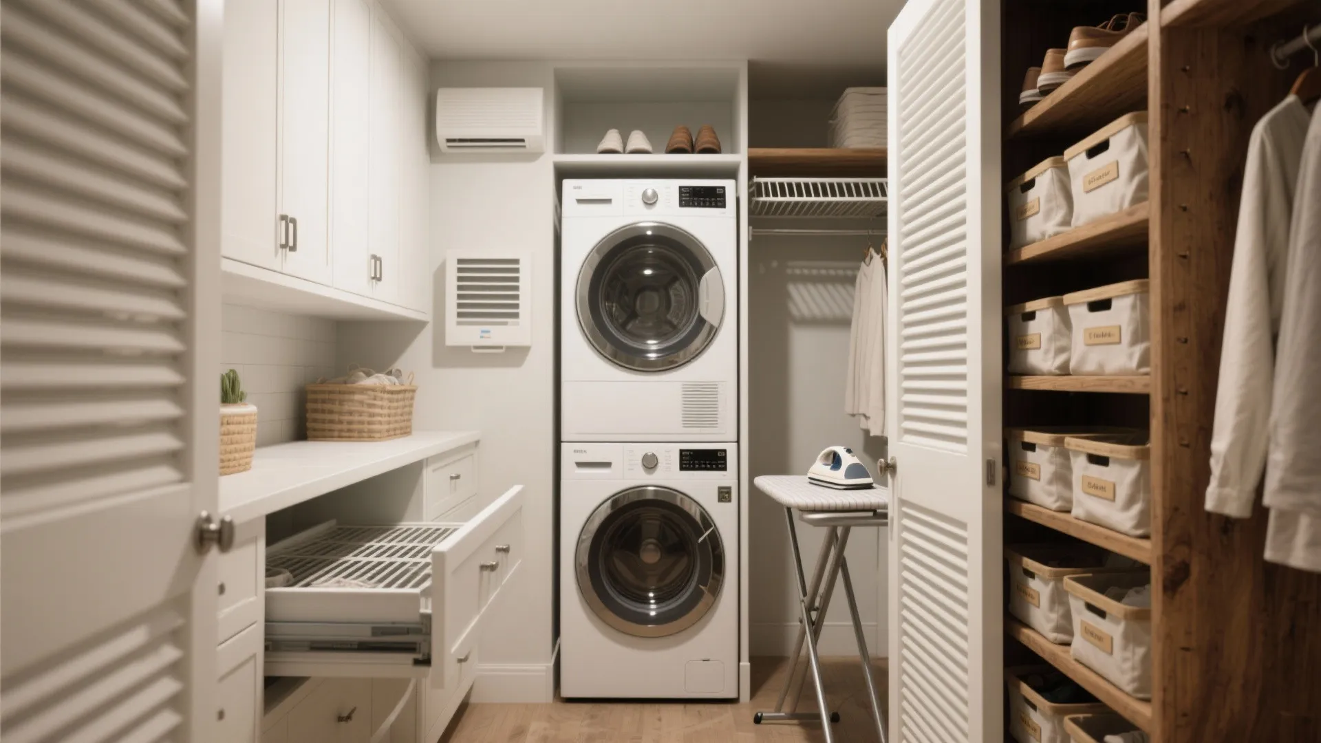 Bright laundry room with stacked white washing machines, ironing board, white cabinets, and organized baskets