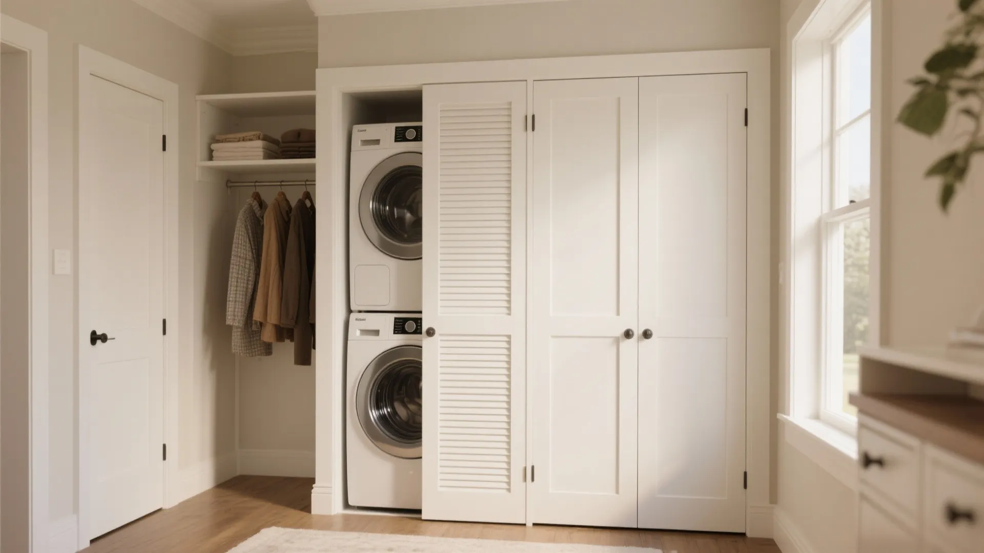 White laundry room with stacked washing machines hidden behind white closet doors and hanging clothes area