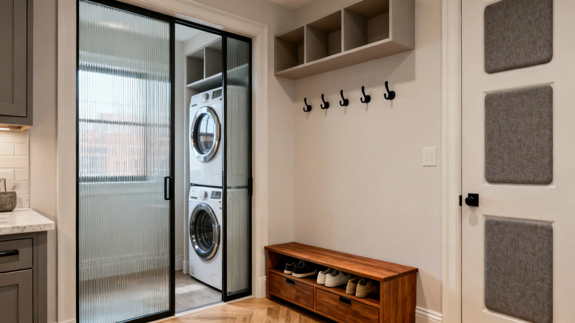 Compact closet-laundry with reeded doors and a mudroom bench with drawers near the kitchen.
