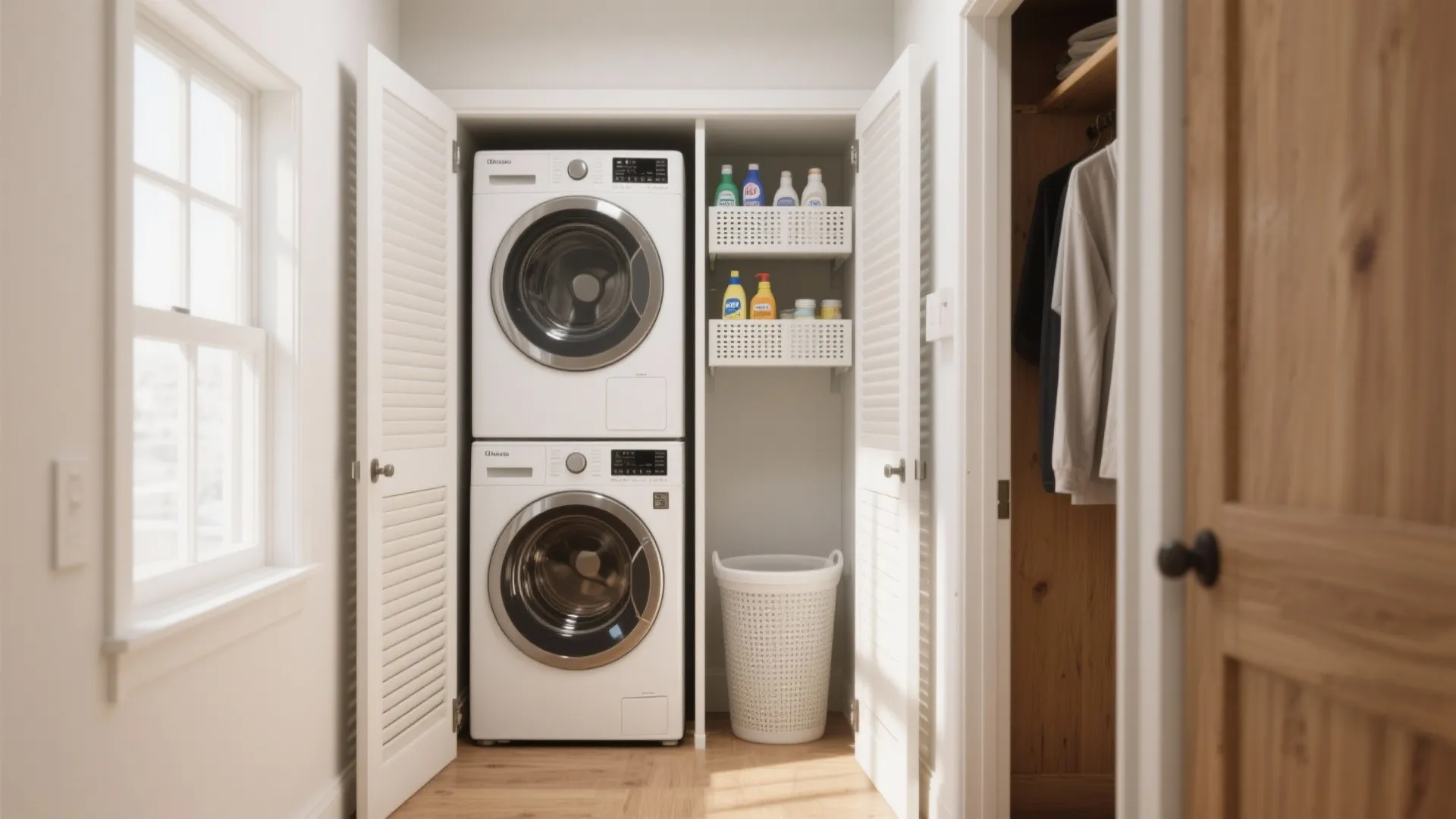 Compact laundry closet with stacked white machines open bifold doors shelving and a laundry basket