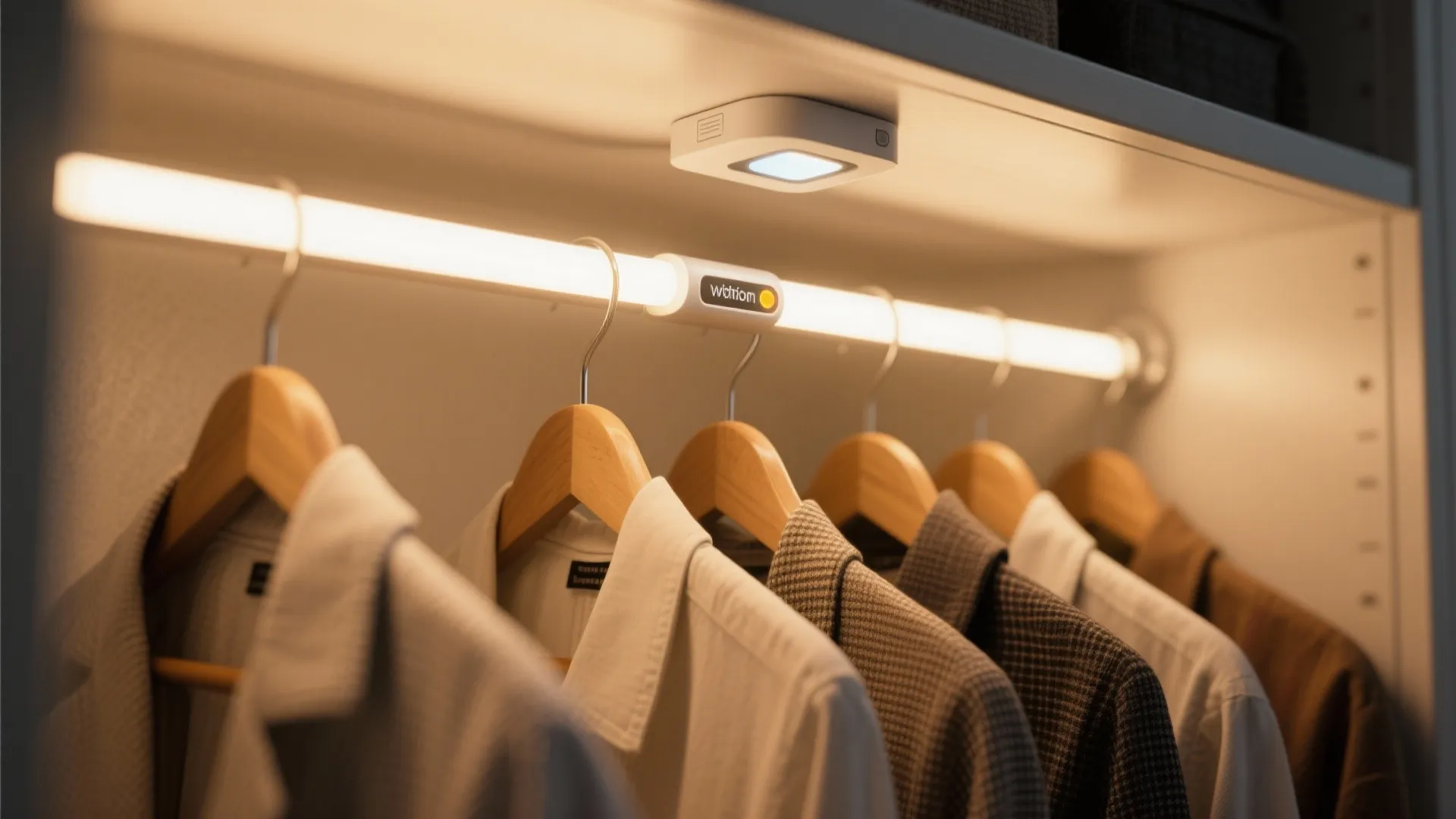 Closet interior with clothes on hangers illuminated by a warm light fixture and sensor light