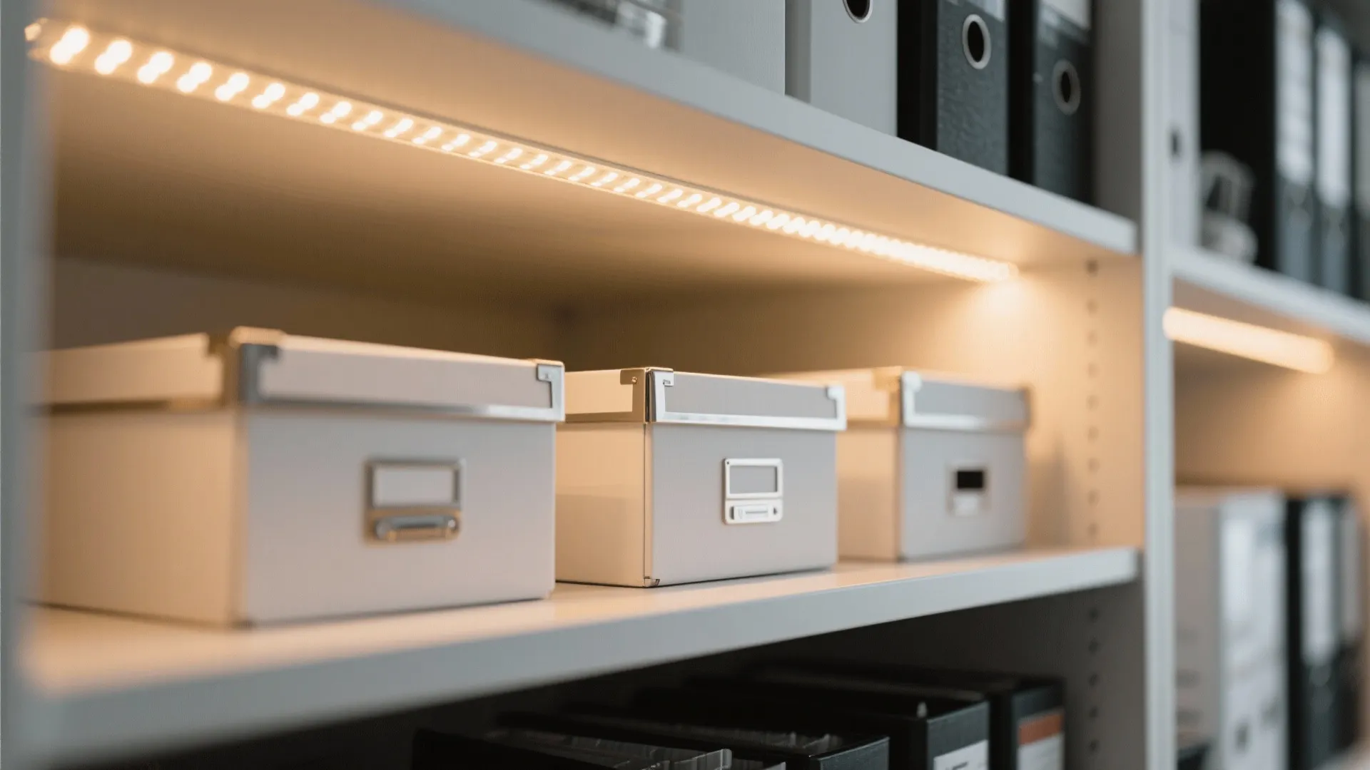 Storage shelf with white boxes organized under bright light fixture inside a modern home office
