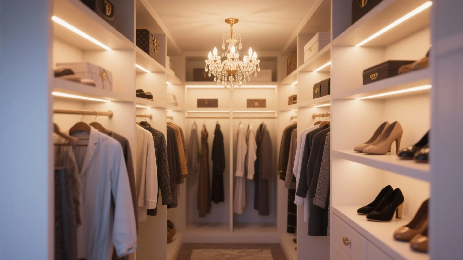 Luxury walk-in closet featuring warm ceiling light integrated shelf lighting hanging clothes and high heels
