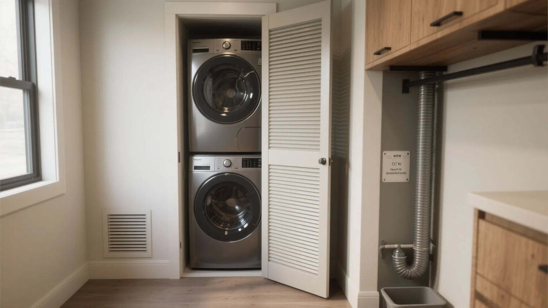 Stacked washer and dryer in a closet with louvered door, visible duct chase and external-access lint trap.