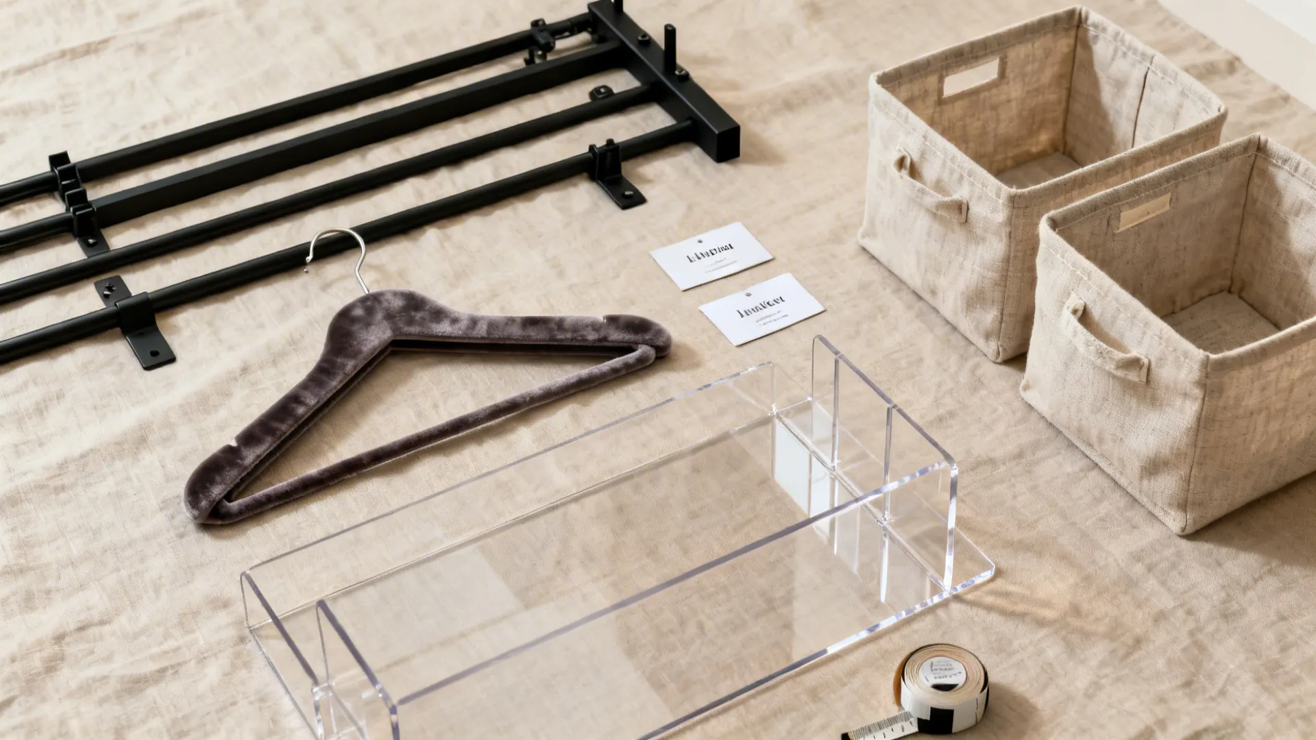 Flat lay of slim velvet hangers, adjustable rails, brackets, linen bins, and acrylic liners for closet organization.