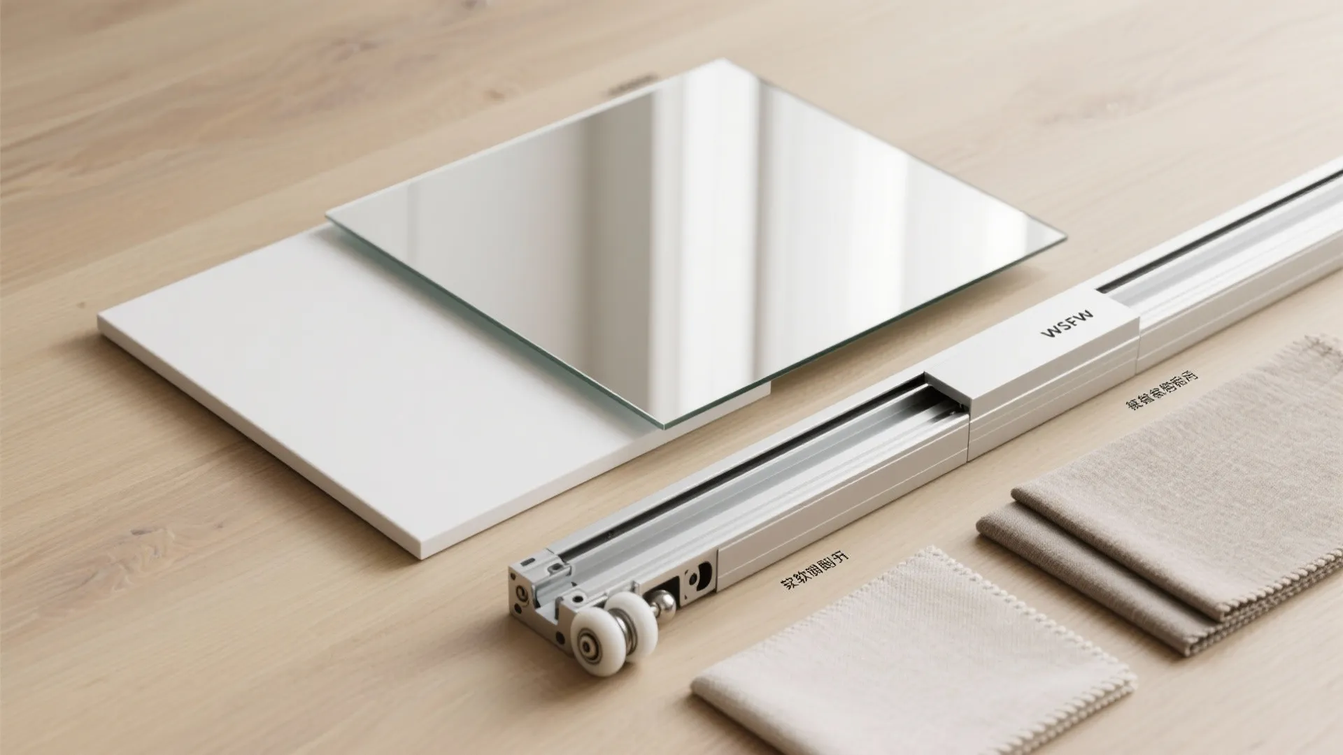 Flat lay of mirrored panel, aluminum track, rollers, and neutral swatches for closet sliders.