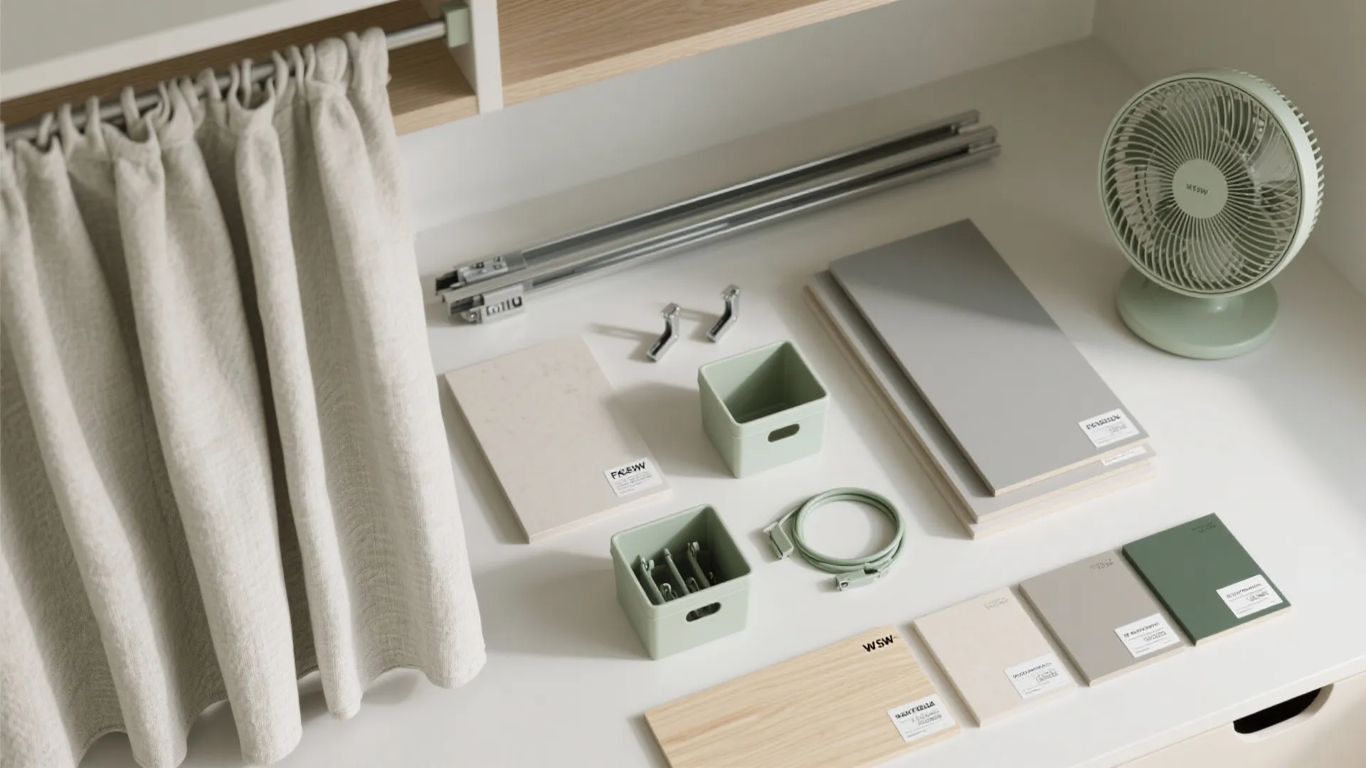 Flat lay of interior design materials including wood samples small green bins and a fan