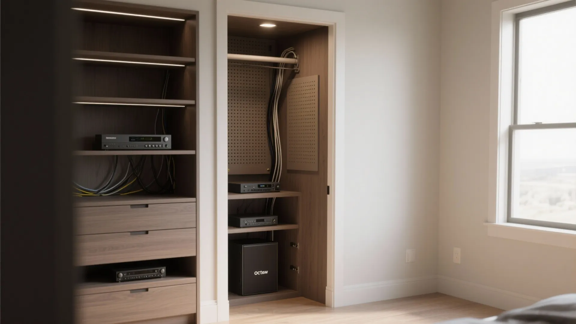 Wooden cabinet with shelves housing electronic equipment and wires next to a bright room window