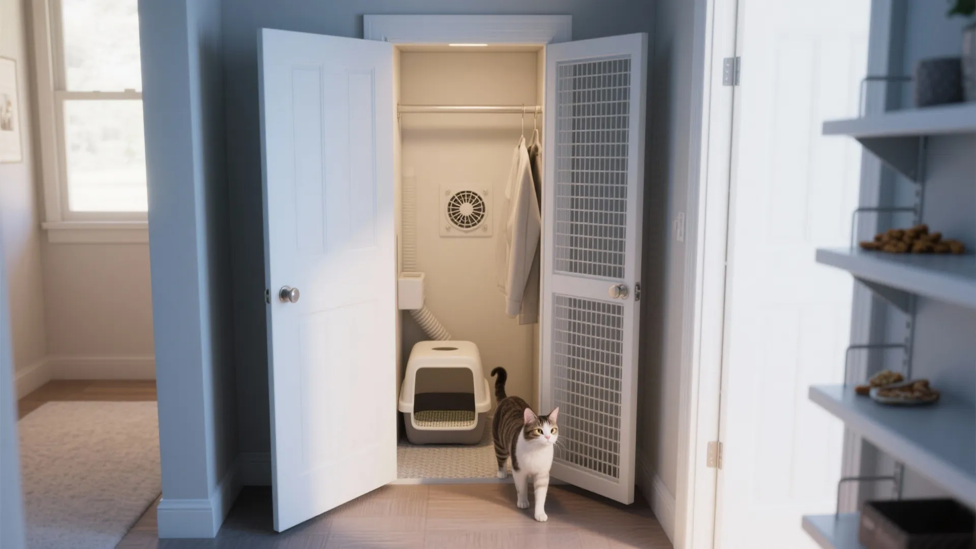 Small closet converted into cat room featuring litter box and ventilation system for pet comfort